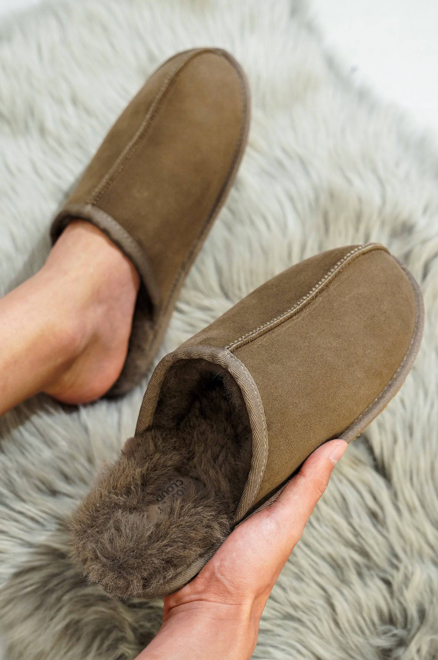 Project Cloud Colin Men's Slipper: Brown suede with sheepskin lining, memory foam for cozy comfort.