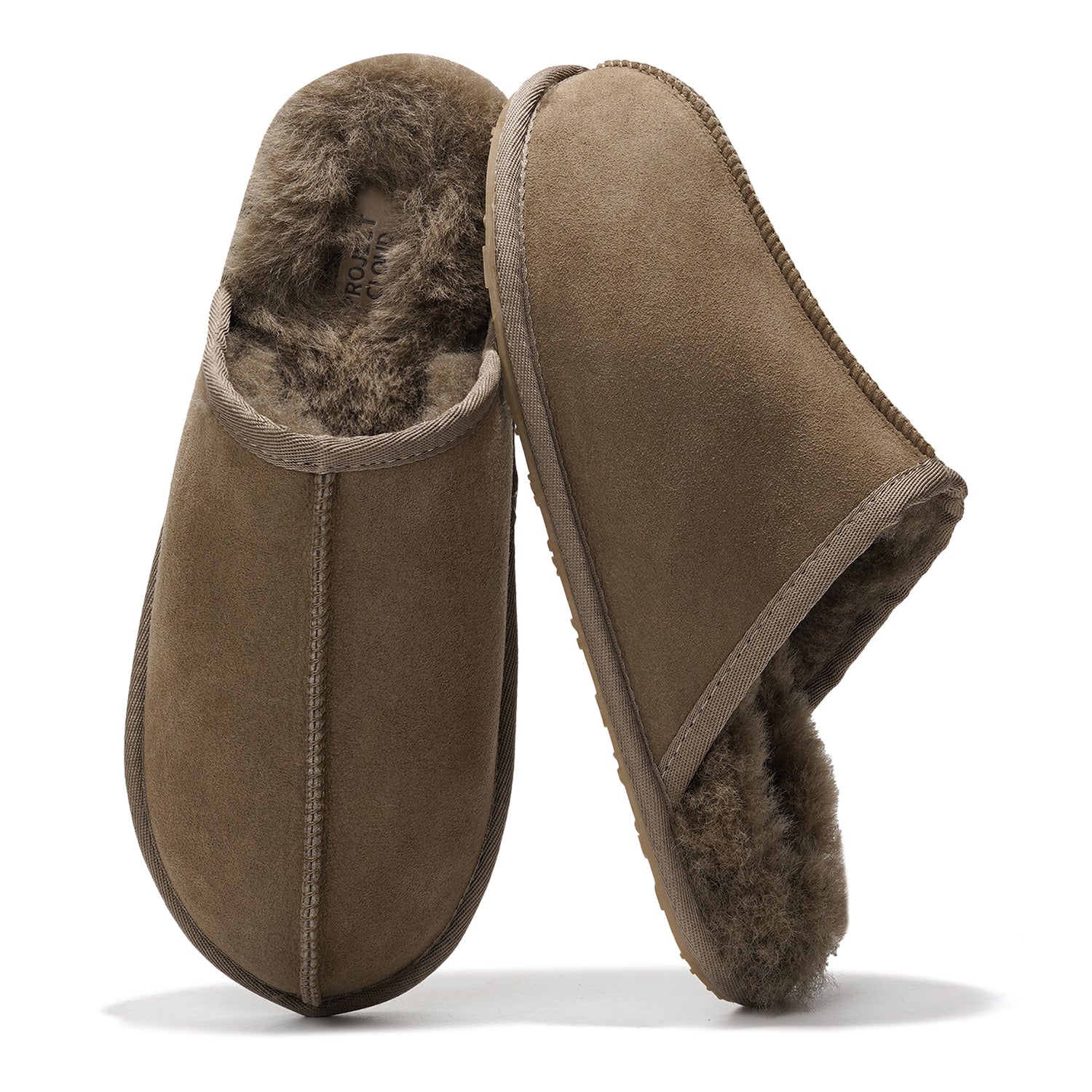 Project Cloud Colin Men's Slippers: Brown suede upper with sheepskin lining, memory foam for cozy comfort.