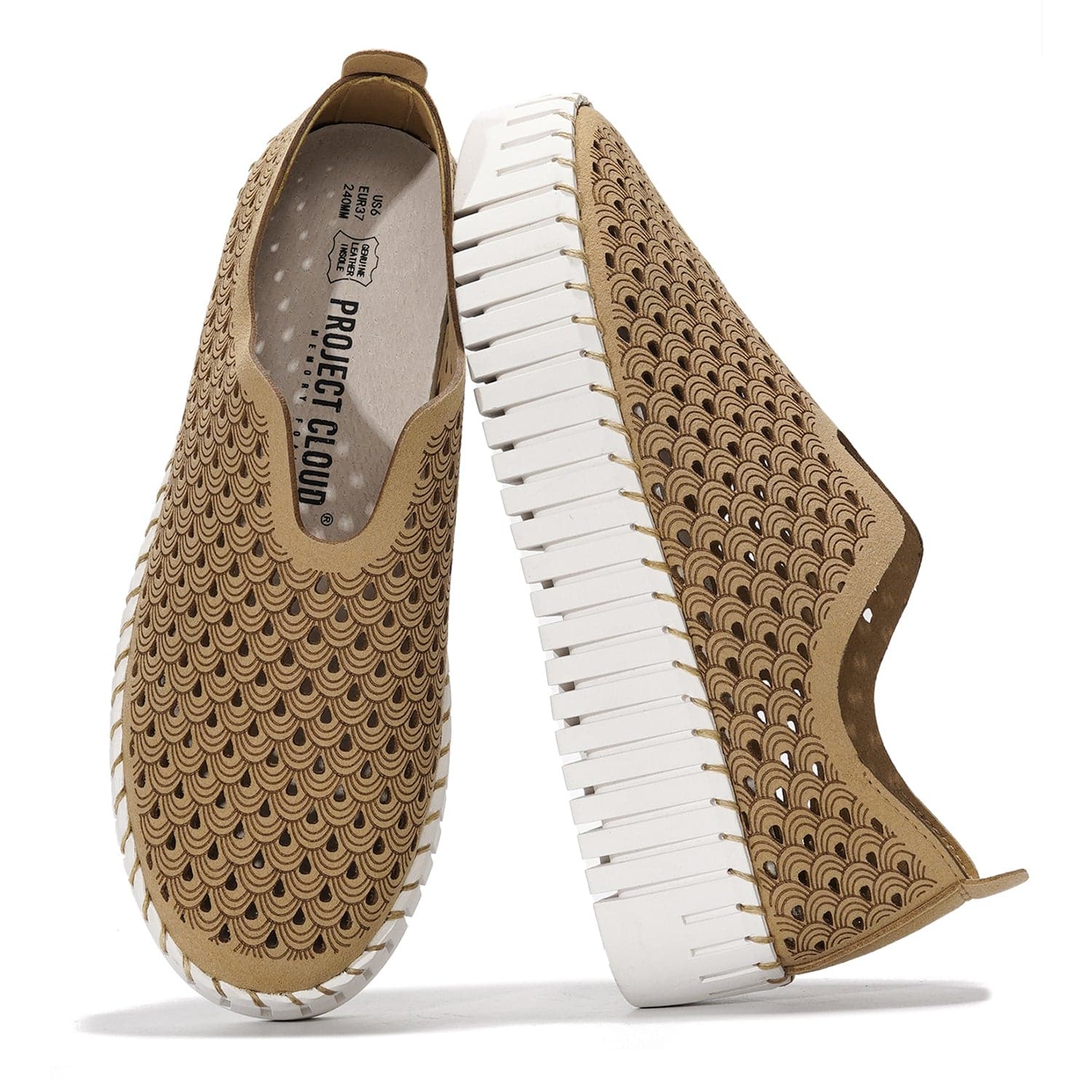 Project Cloud Daffodil leather loafers, perforated slip-on work shoes. Featuring memory foam insole, breathable.