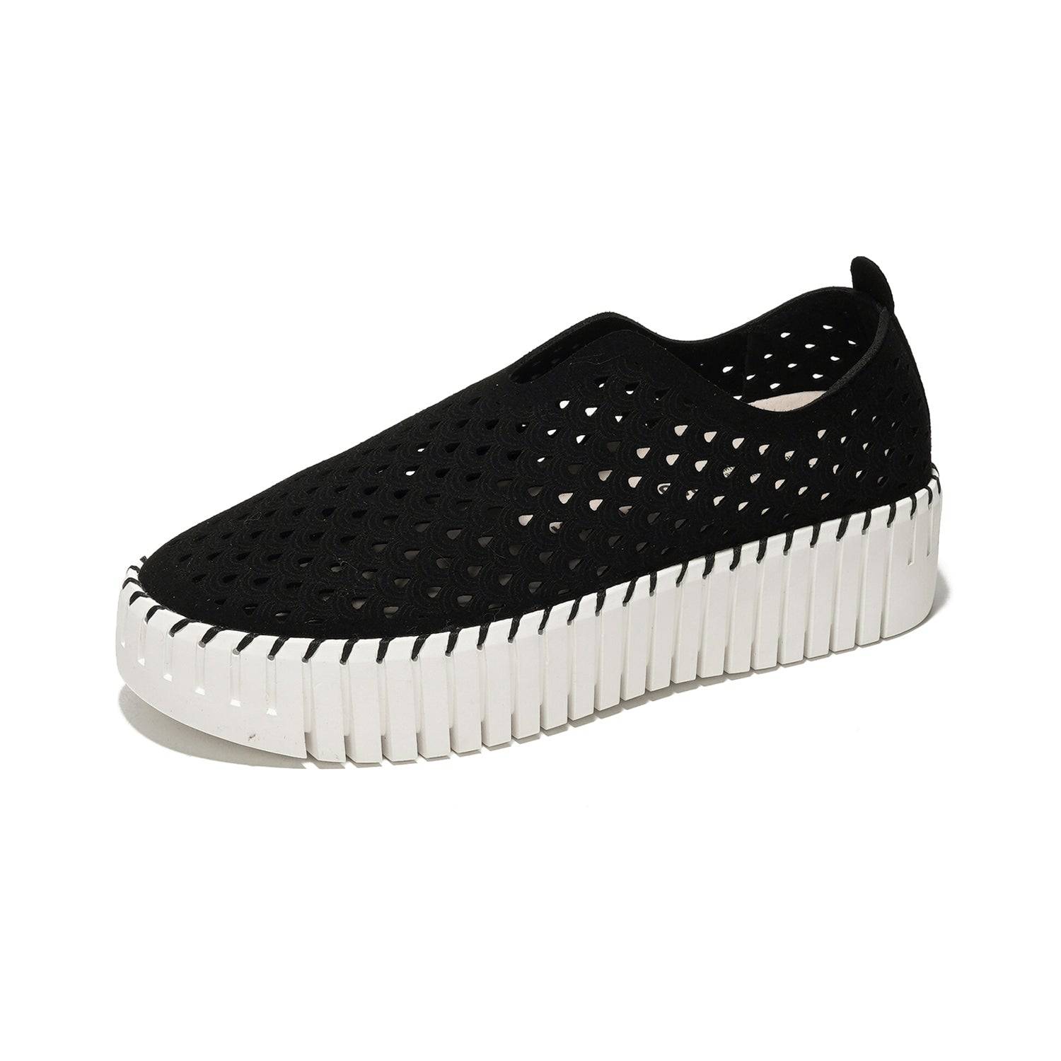 Project Cloud Daffodil leather loafers, black perforated slip-on sneakers with white sole, comfortable work shoes for women.