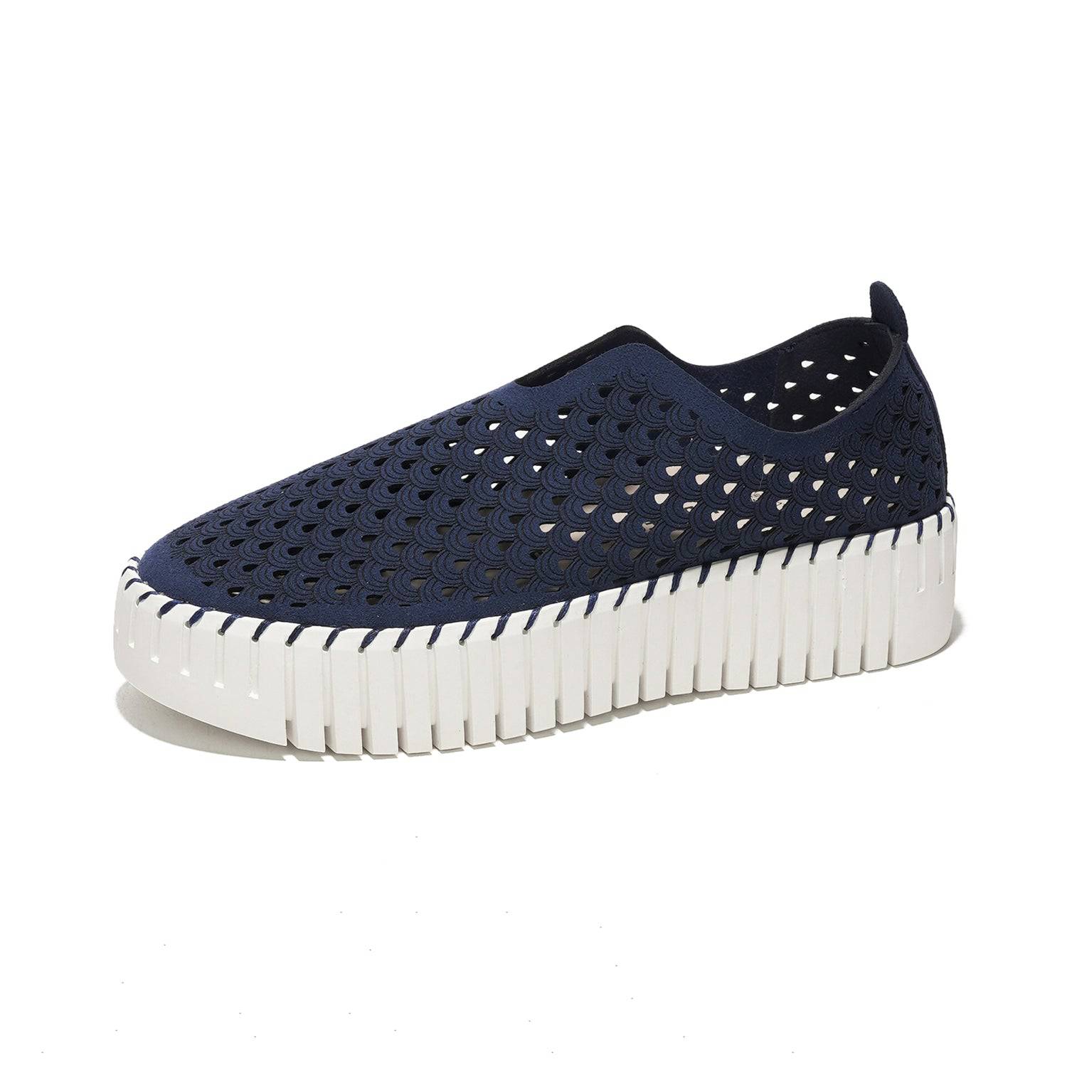 Project Cloud Daffodil navy perforated leather loafers, white sole, women's slip-on work shoes. Lightweight and breathable.