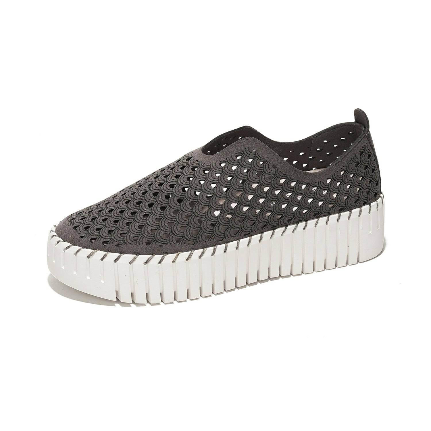 Project Cloud Daffodil leather loafers, perforated grey slip-on sneakers with white sole, comfortable work shoes for women.
