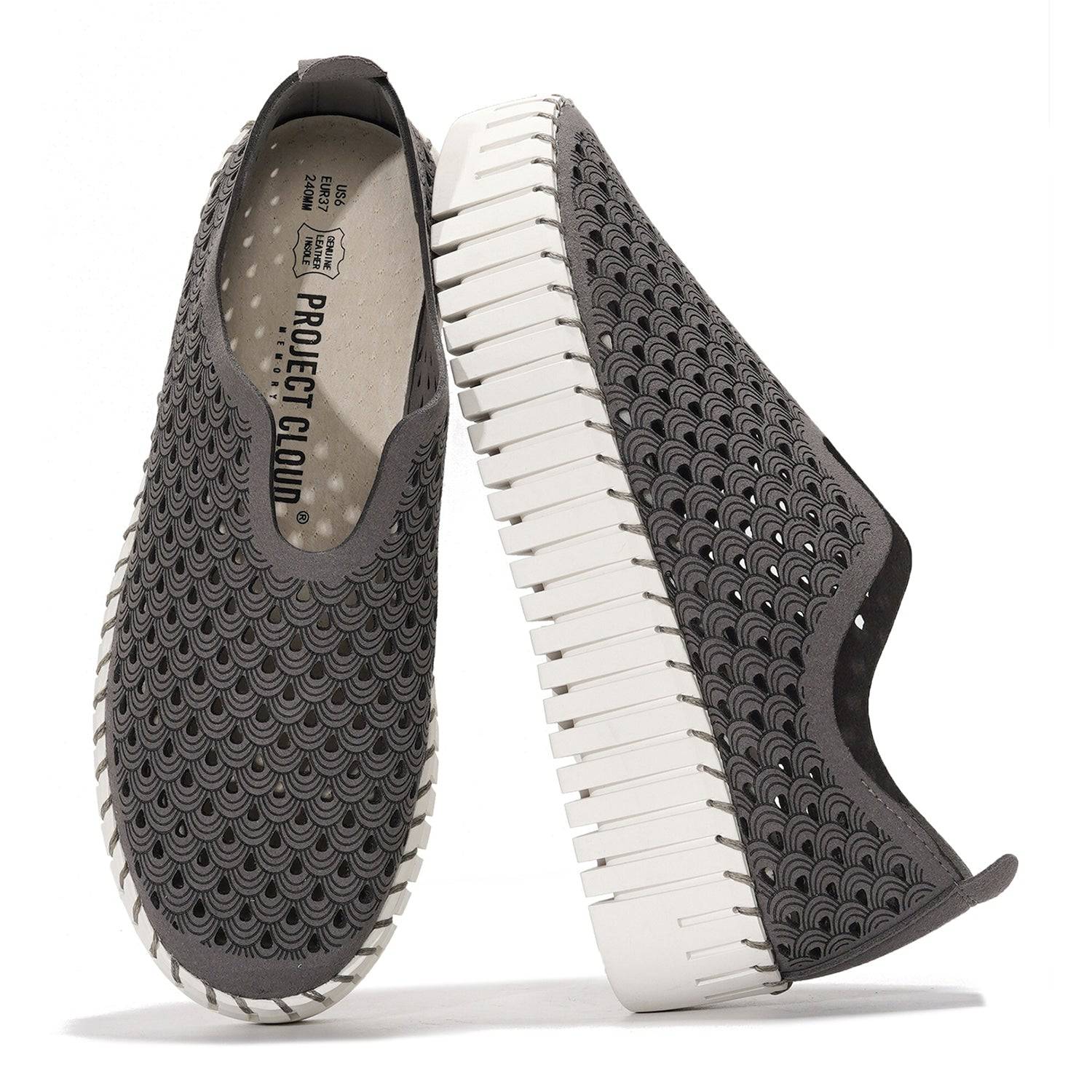 Project Cloud Daffodil grey leather loafers, perforated slip-on sneakers with white sole, leather insole.