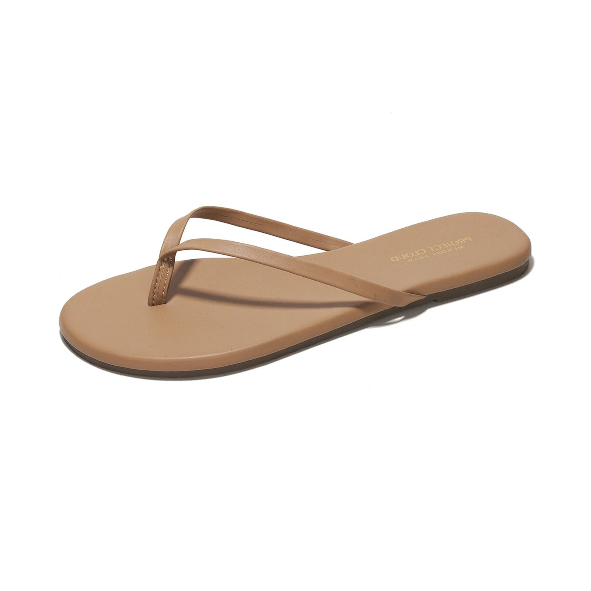 Project Cloud beige vegan leather flip-flops with memory foam, comfortable women's flat sandals, Foundations collection