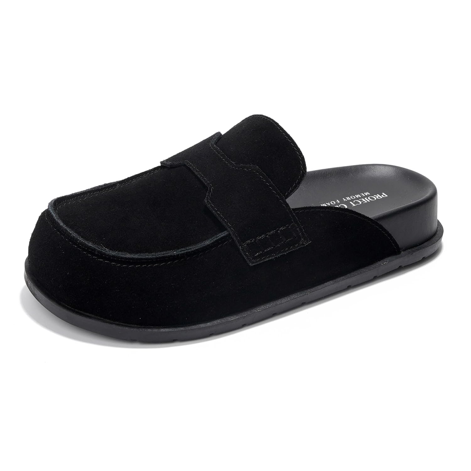 Project Cloud Black Suede Clogs for Women: Memory foam and arch support, non-slip sole