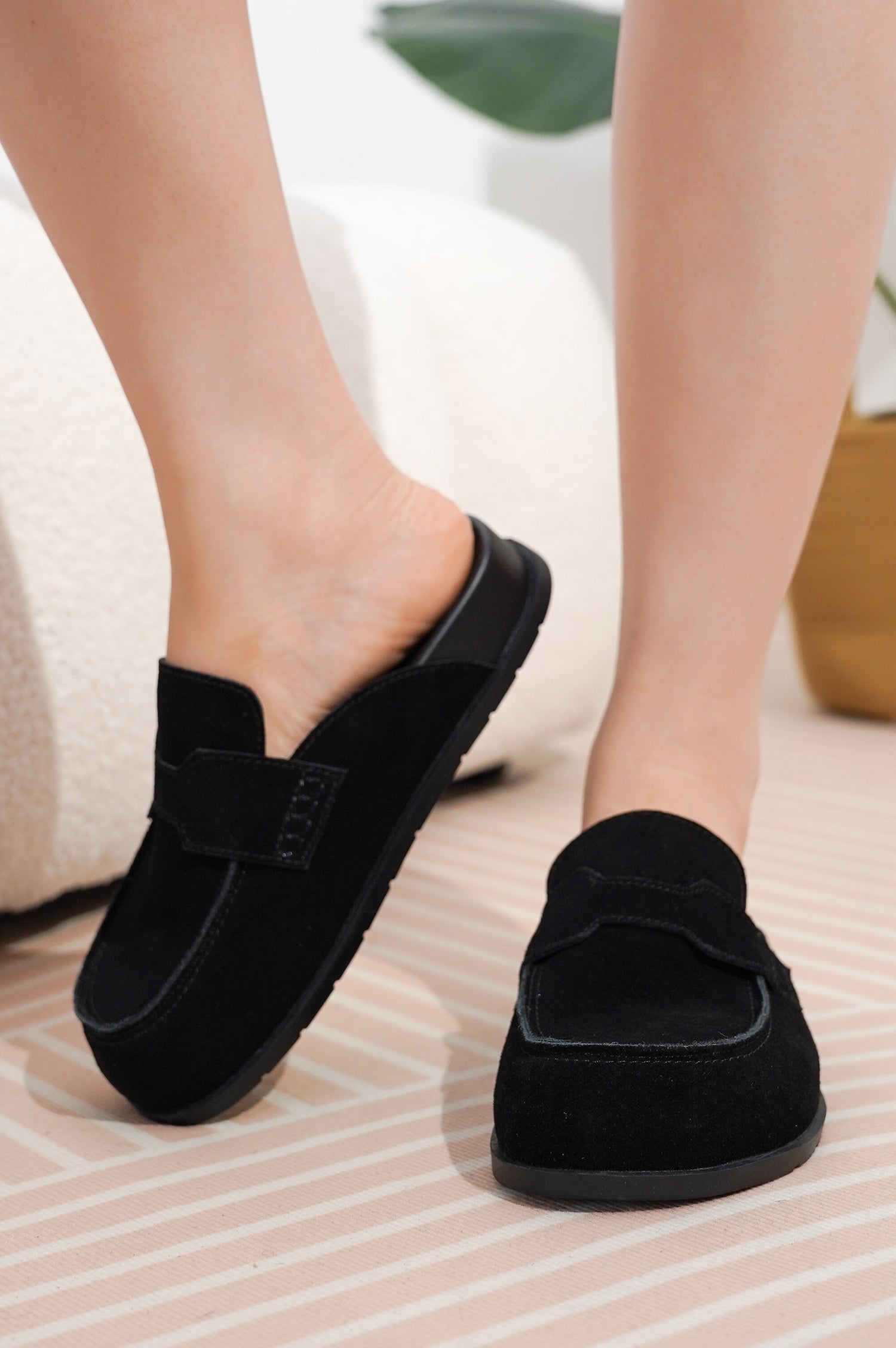 Project Cloud Black Suede Clogs. Women's comfortable clogs with memory foam, arch support, and non-slip sole.