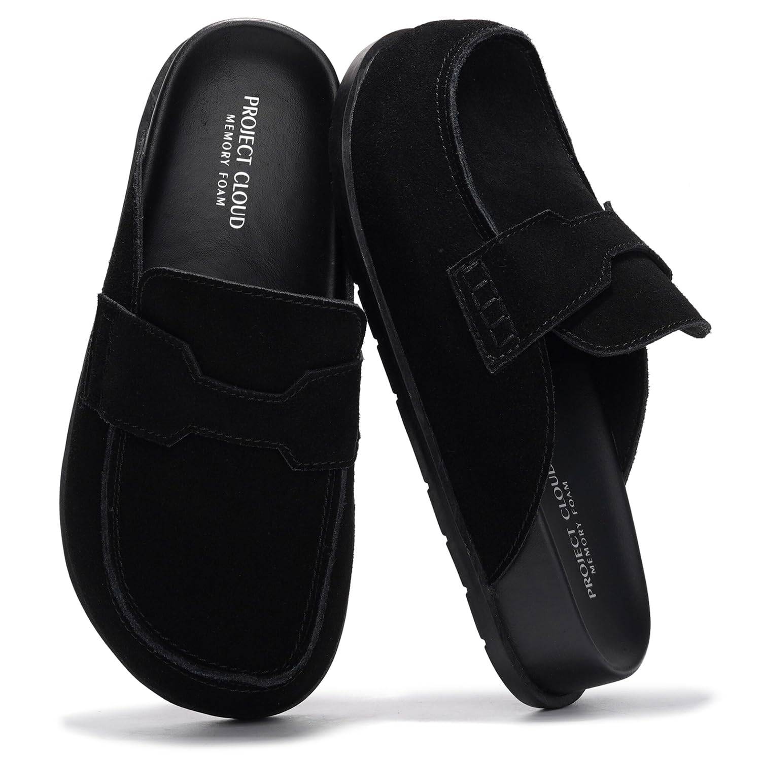 Project Cloud Black Suede Clogs: Memory Foam, Arch Support, Non-Slip Sole for Women.