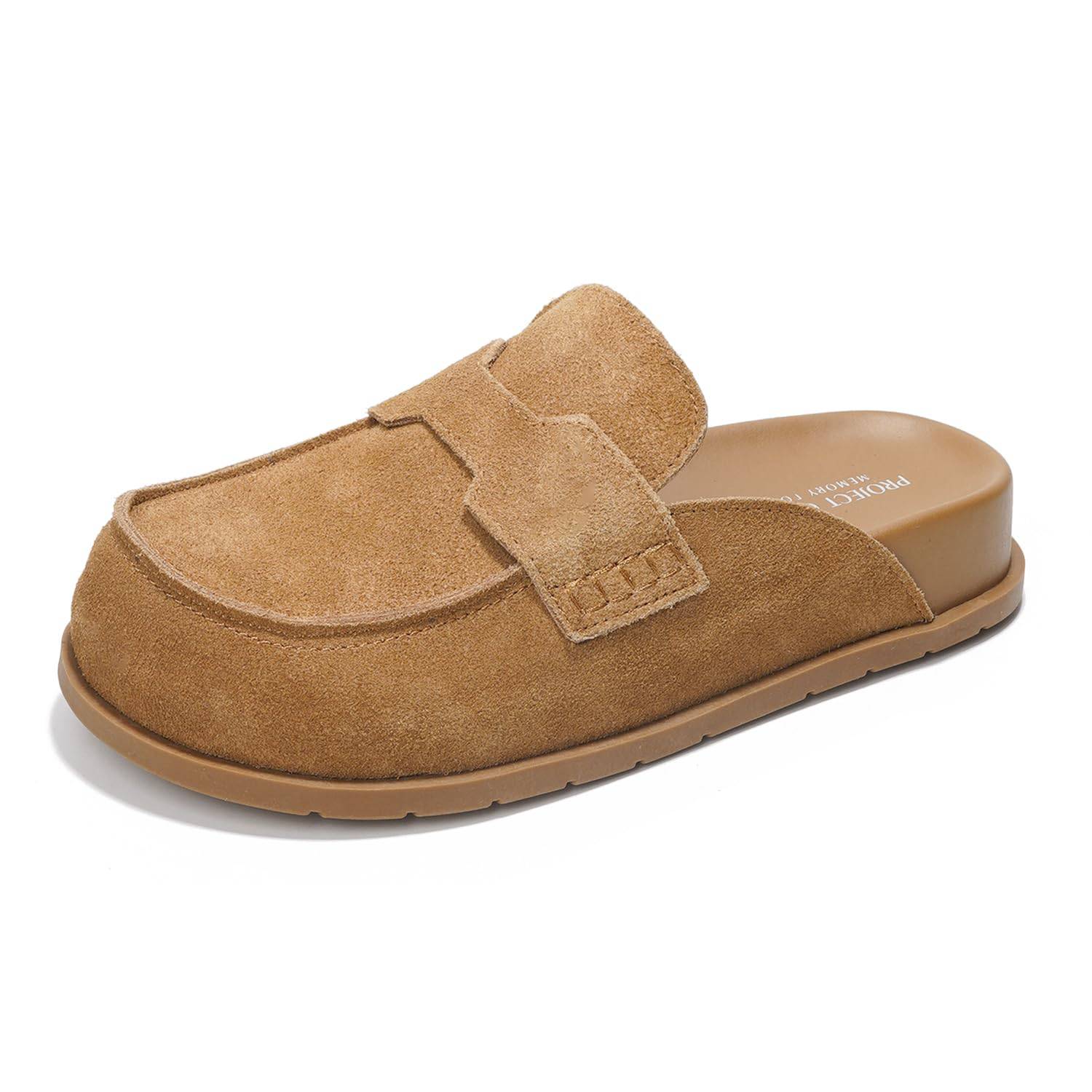 Project Cloud Foamy Suede Clogs in Foamy Brown. Genuine suede upper, memory foam footbed, and non-slip sole.