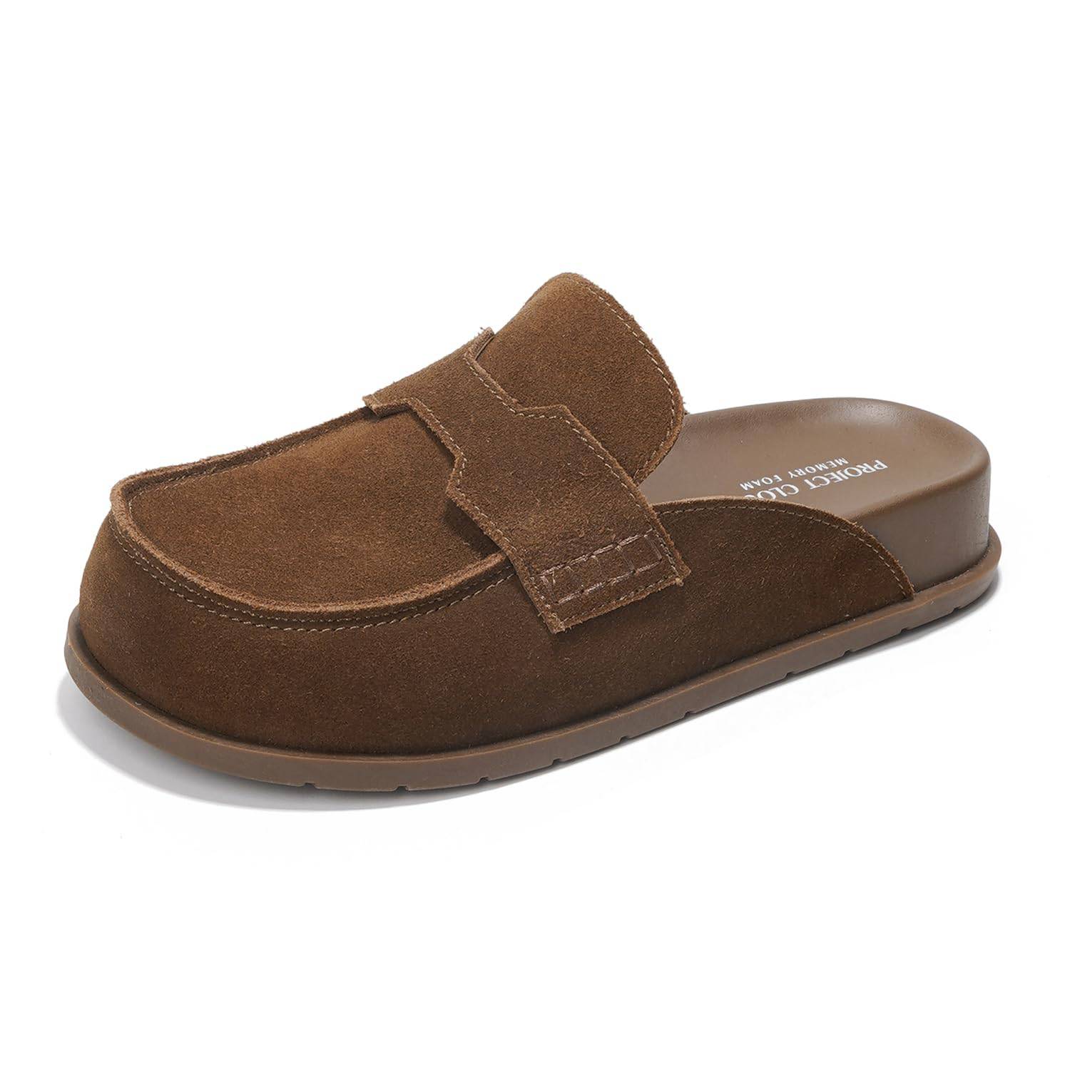 Project Cloud Foamy Clogs in Brown Suede: Women's memory foam clogs, arch support, non-slip sole.