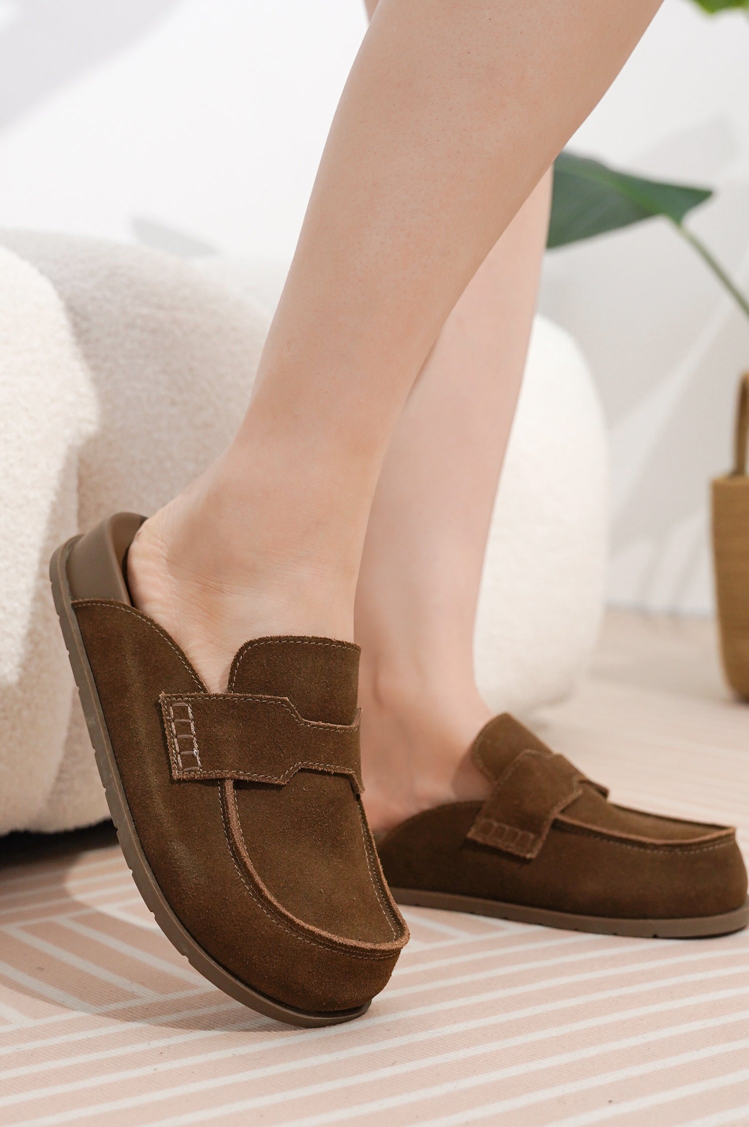 Project Cloud Foamy Clogs in Brown Suede: Women's slip-on clogs with arch support and memory foam footbed.