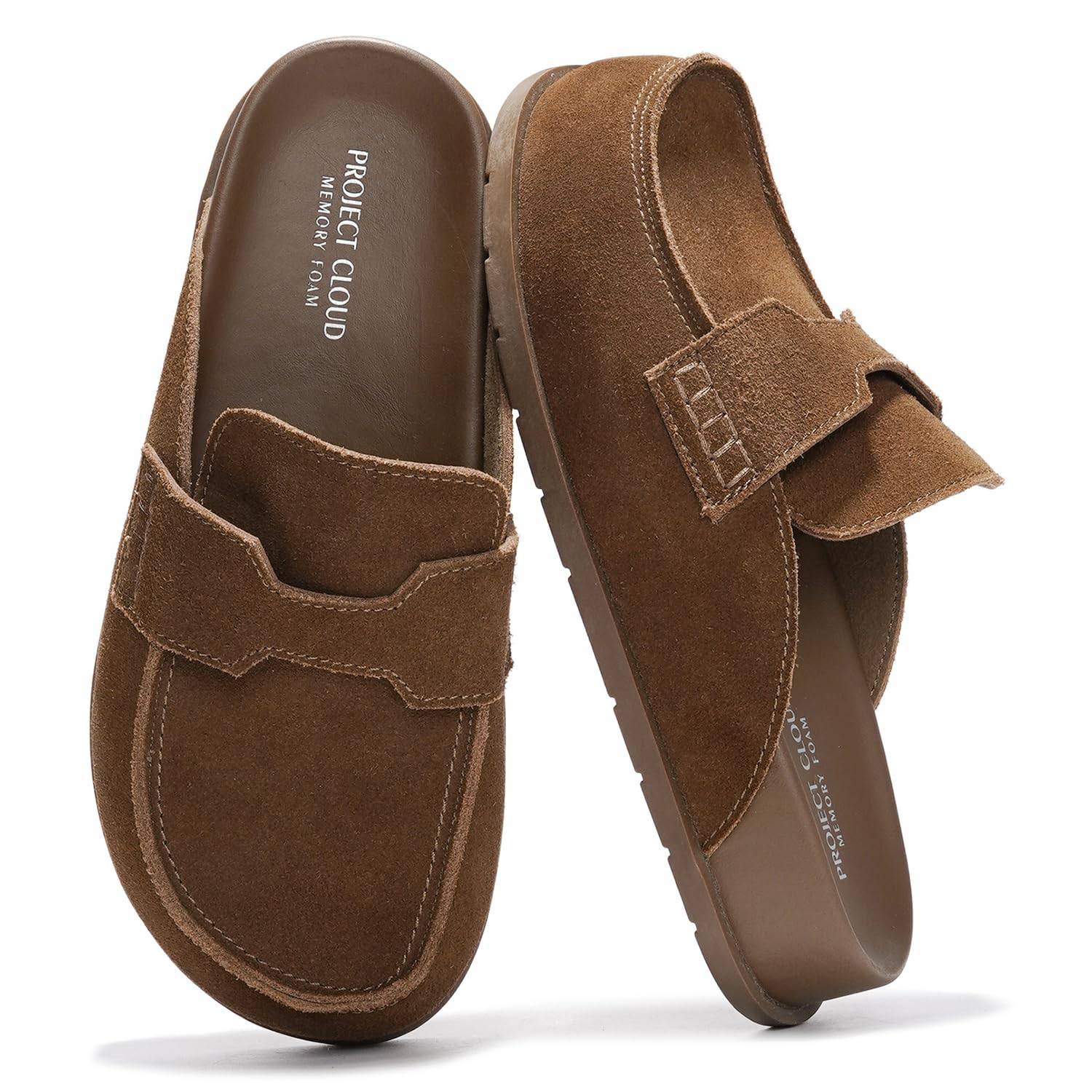 Project Cloud Foamy Clogs in Foamy Brown. Genuine suede leather upper, memory foam footbed, and non-slip sole.