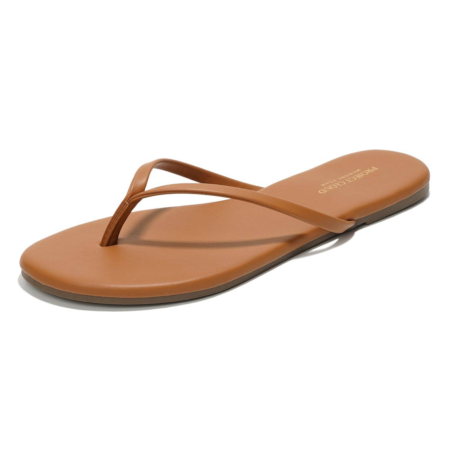 Project Cloud tan vegan leather flip-flops. Women's flat sandals with memory foam, comfortable for all-day wear.