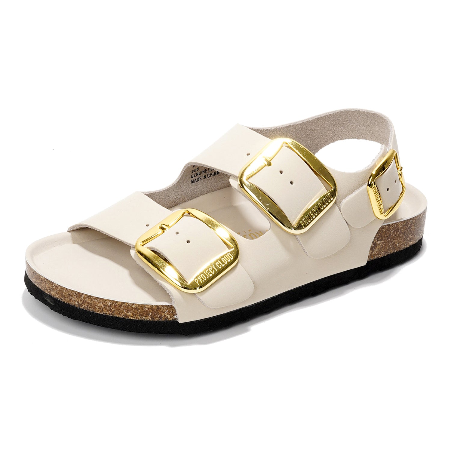 Project Cloud Garda Beige Leather Sandals with Gold Buckles, Comfortable Summer Footwear.