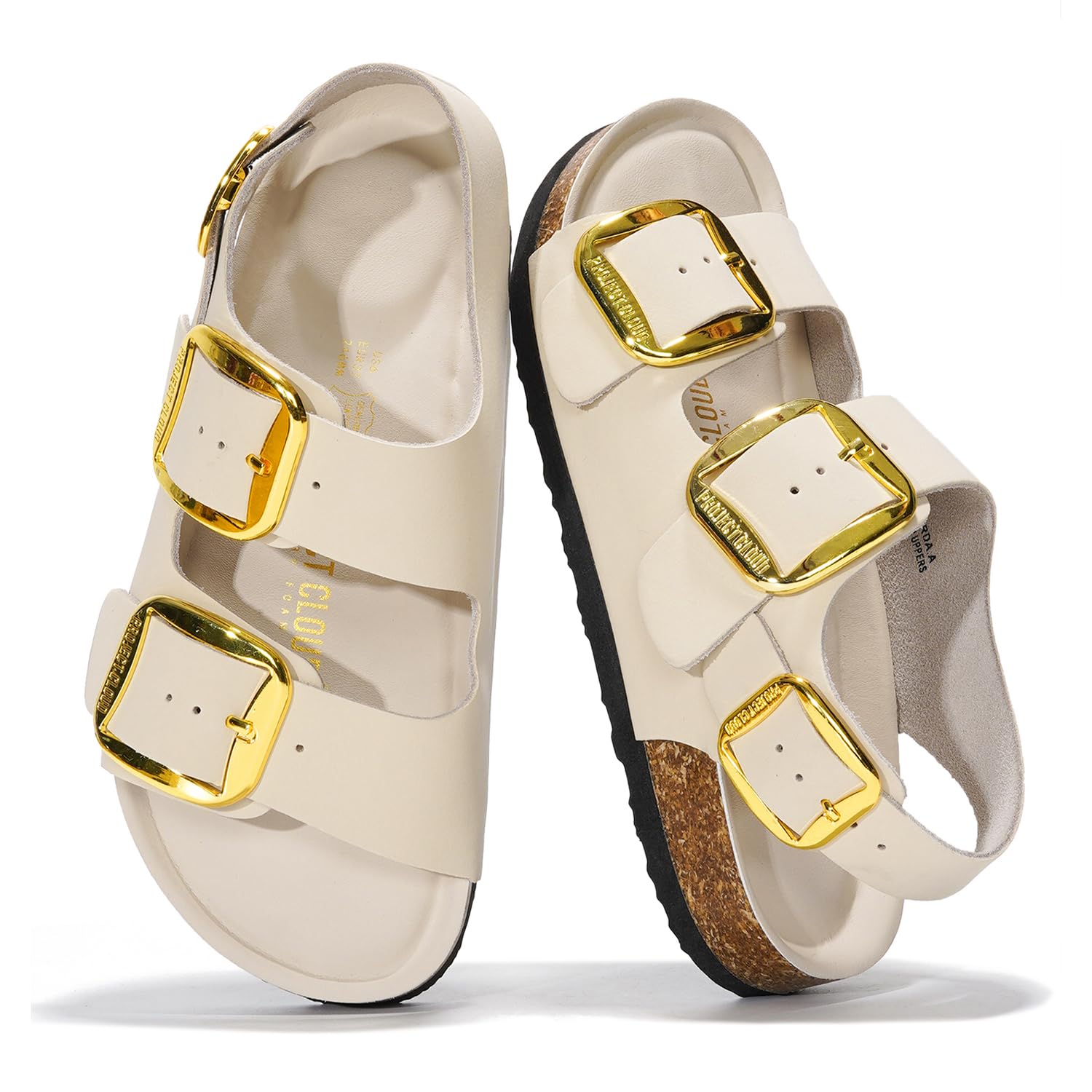 Project Cloud Garda Beige Leather Sandals with Gold Buckles - Summer Footwear