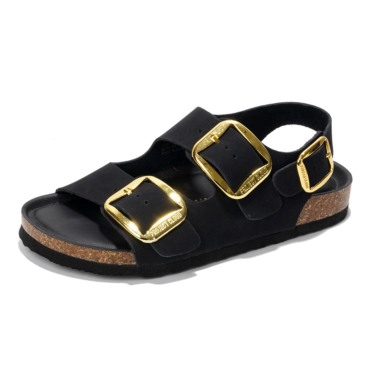 Project Cloud Garda Black Leather Sandals with Gold Buckles, Summer Footwear