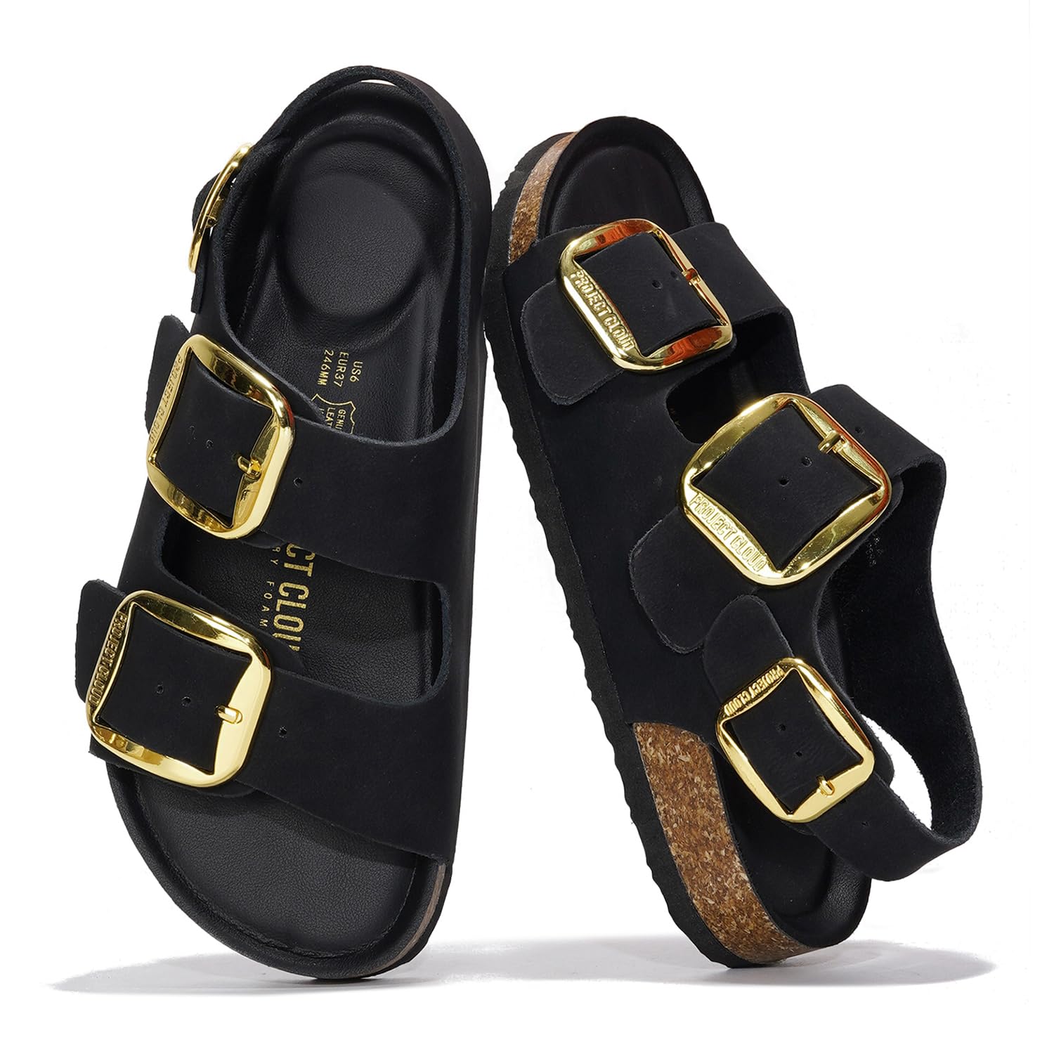 Project Cloud Garda Black Leather Sandals with Gold Buckles, Comfortable Summer Footwear, Adjustable Slingback Sandals