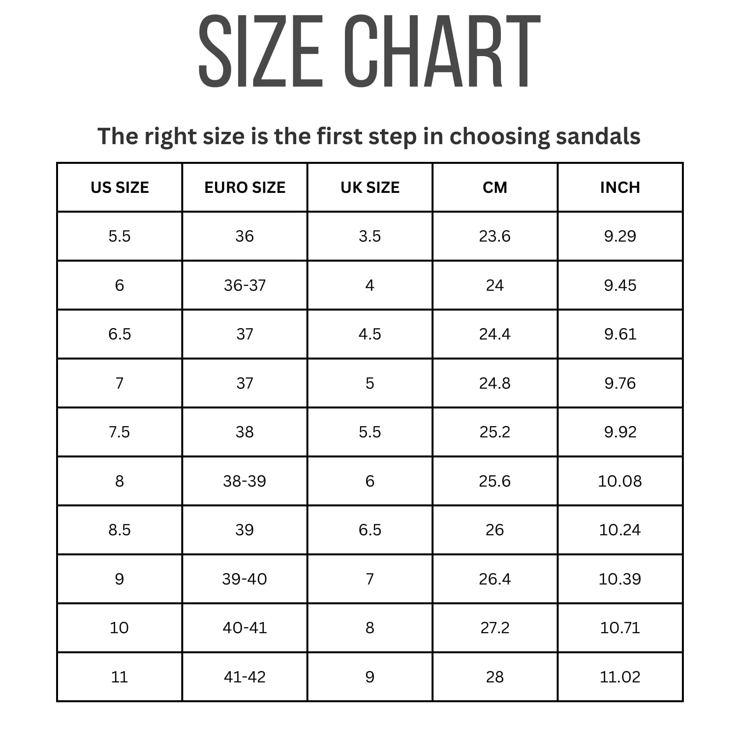 Project Cloud Garda Sandals Size Chart: US, Euro, UK, CM, and Inch shoe sizes.