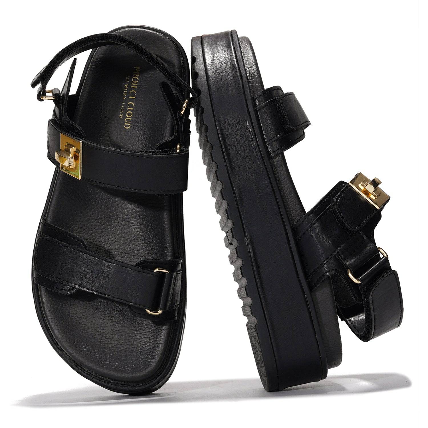 Project Cloud Ginevra black flatform sandals with adjustable straps and gold buckle. Memory foam insole for all-day comfort.
