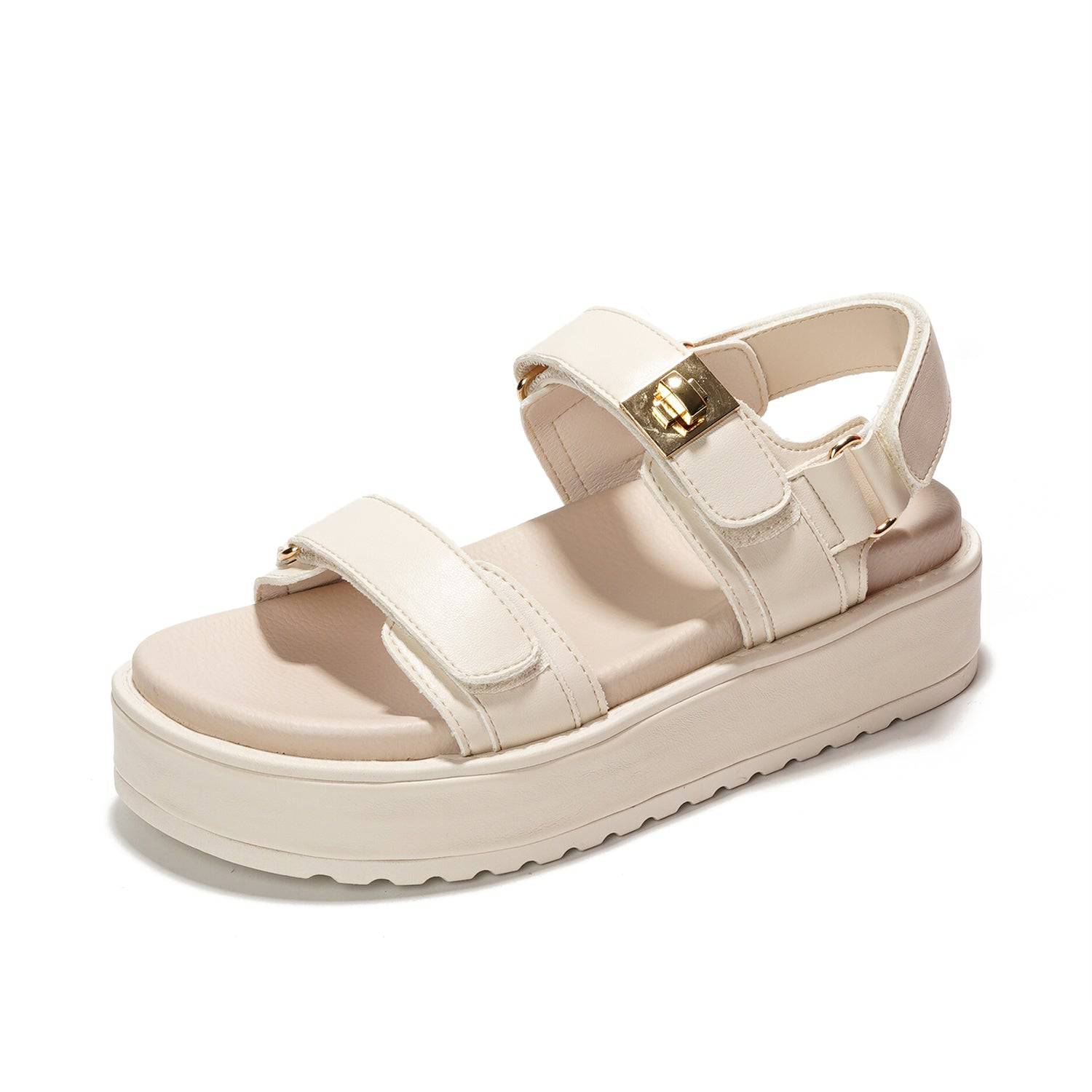 Project Cloud Ginevra beige flatform sandals with adjustable straps, non-slip sole, memory foam insole, perfect for summer.