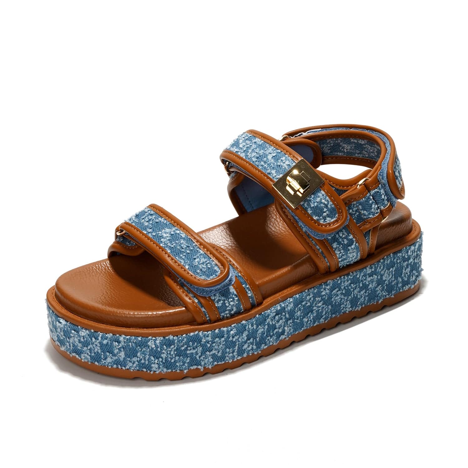 Project Cloud Ginevra denim wedge sandals with adjustable straps and non-slip sole. Open toe flatform sandals for women.