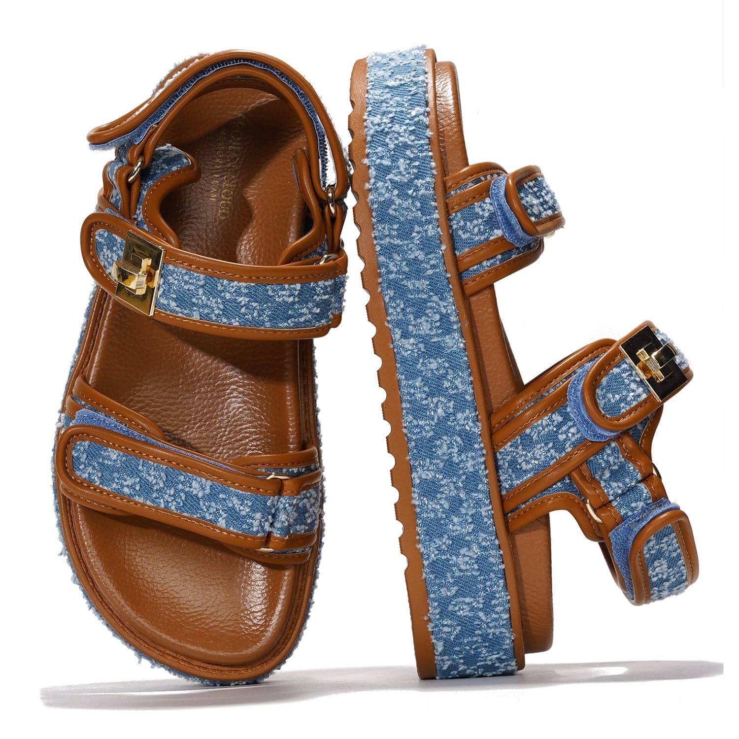 Project Cloud Ginevra Wedge Sandals - Denim and Brown Flatform Sandals with Adjustable Straps