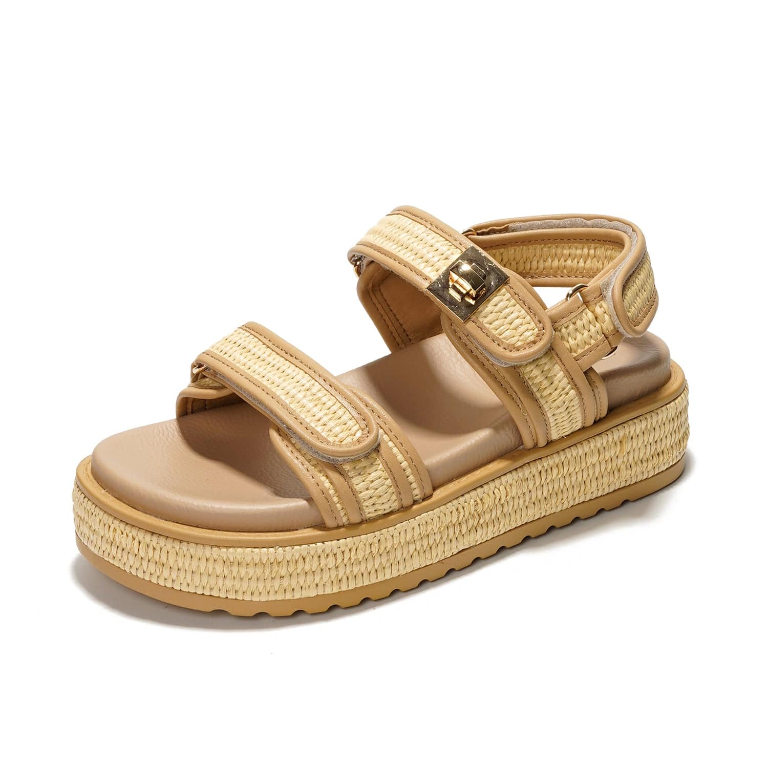 Project Cloud Ginevra beige wedge sandals with woven flatform, adjustable straps, and non-slip sole.