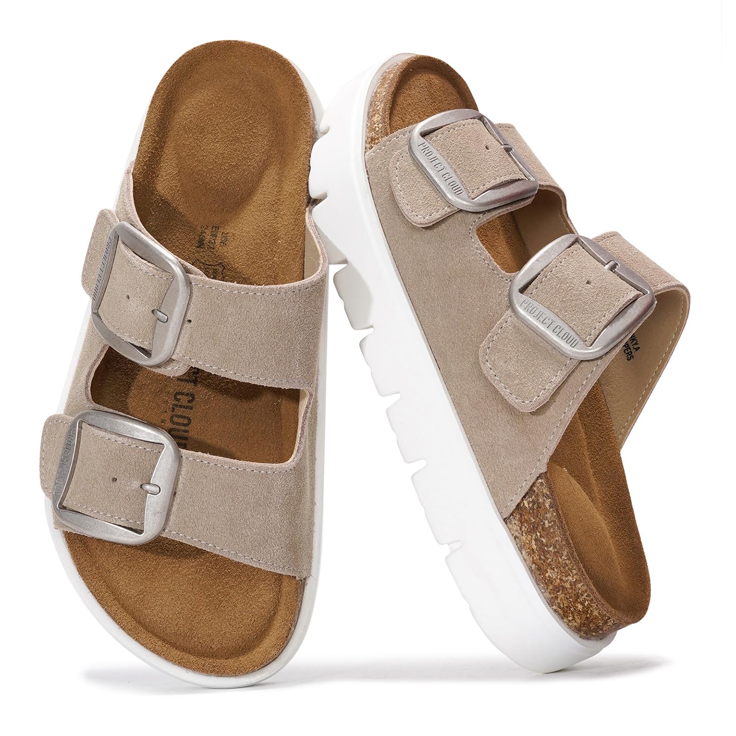Project Cloud Greece Chunky Platform Sandals in Tan Suede with Silver Buckles