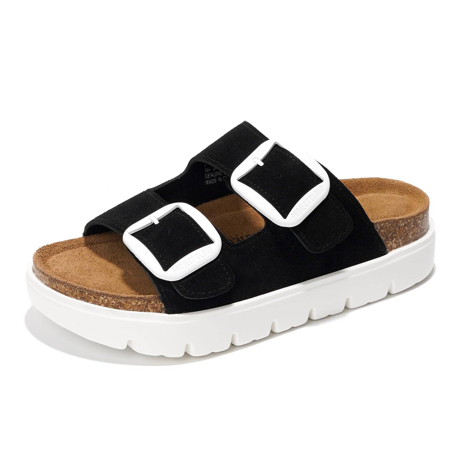 Project Cloud Greece Chunky Platform Sandals in black suede with white buckles and cork footbed.