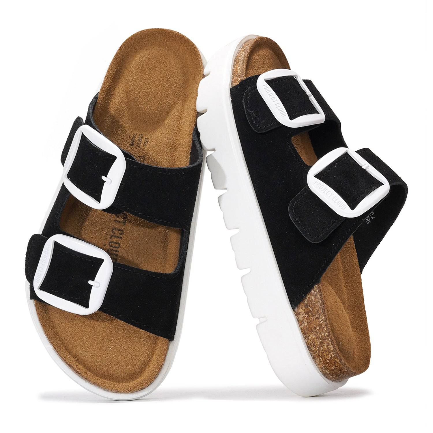 Project Cloud Greece Chunky Platform Sandals, black suede with white buckles, cork footbed, and platform sole.