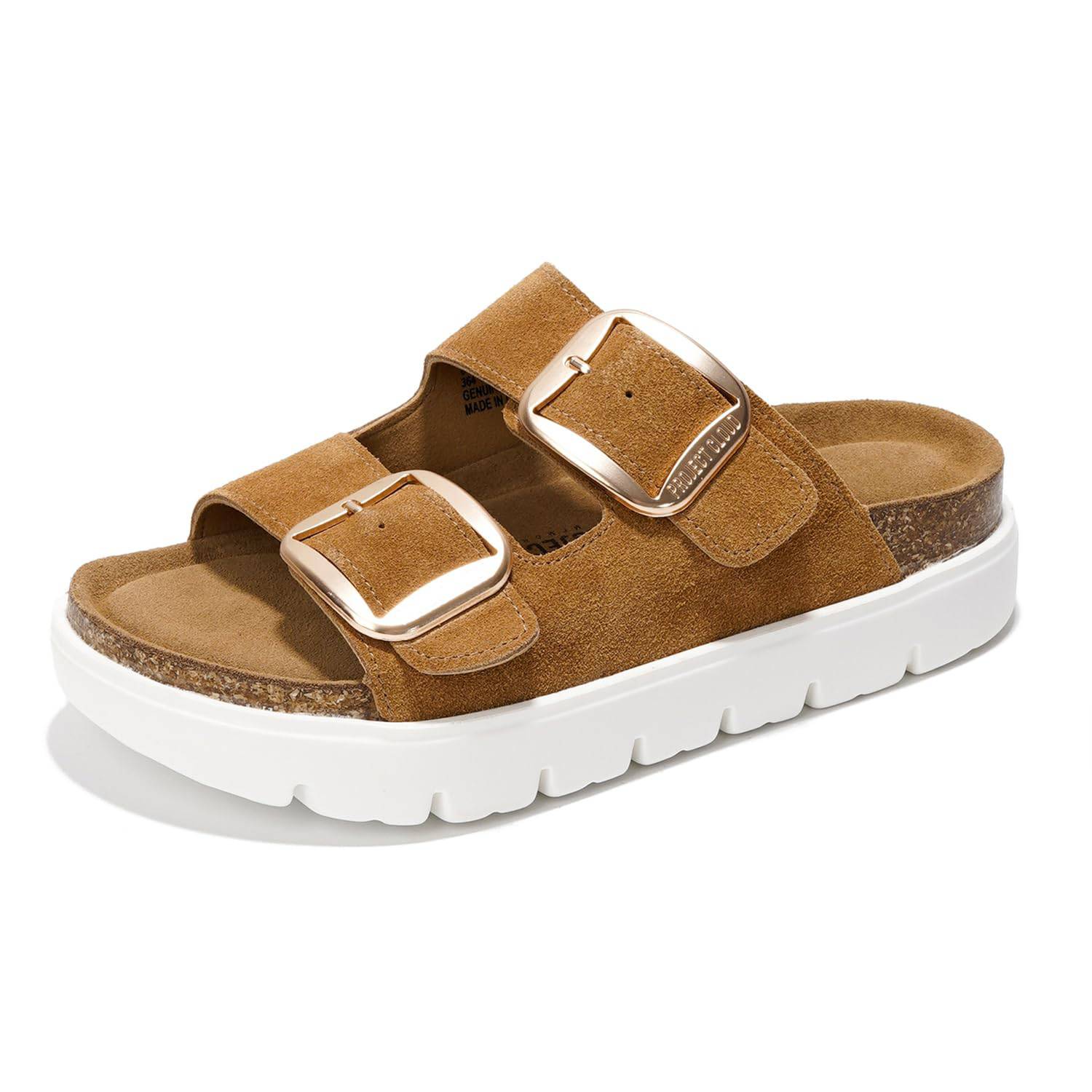 Project Cloud Greece Chunky Platform Sandals, tan suede with gold buckles, cork footbed and white platform sole.