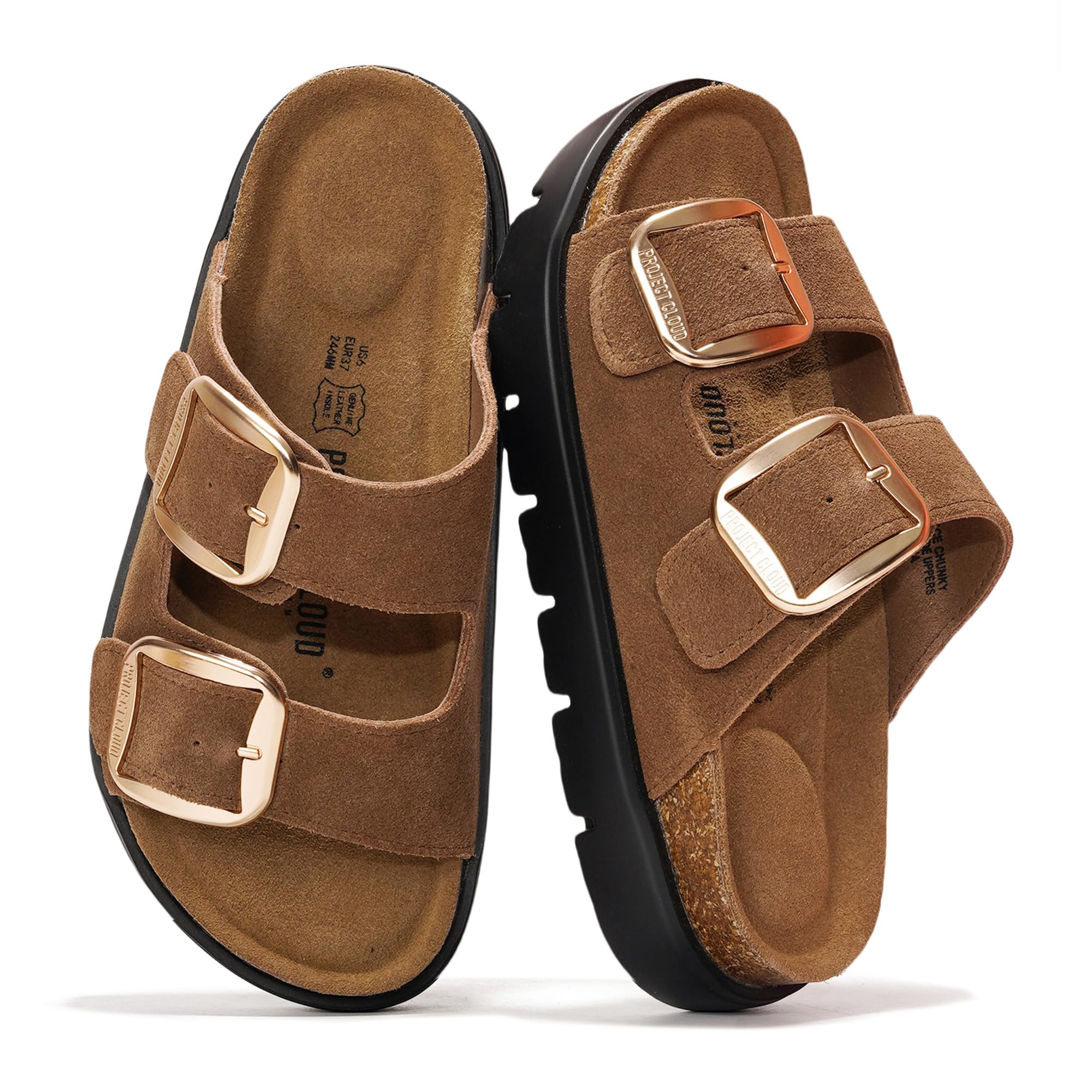 Project Cloud platform sandals for women in brown suede, with memory foam insole, chunky heel and gold buckle