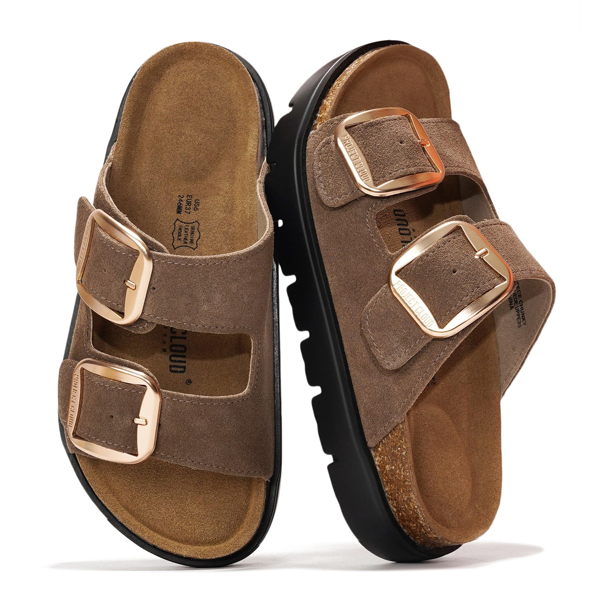 Project Cloud brown suede platform sandals for women, gold buckle, leather insole, cork footbed, Greece Chunky style