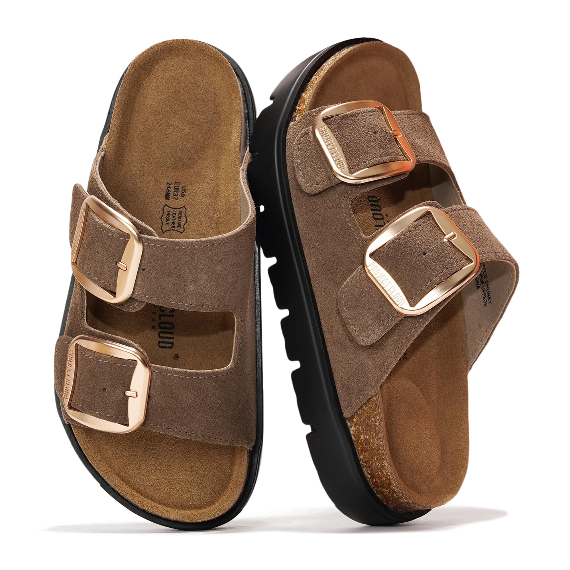 Project Cloud brown suede platform sandals for women, gold buckle, leather insole, cork footbed, Greece Chunky style