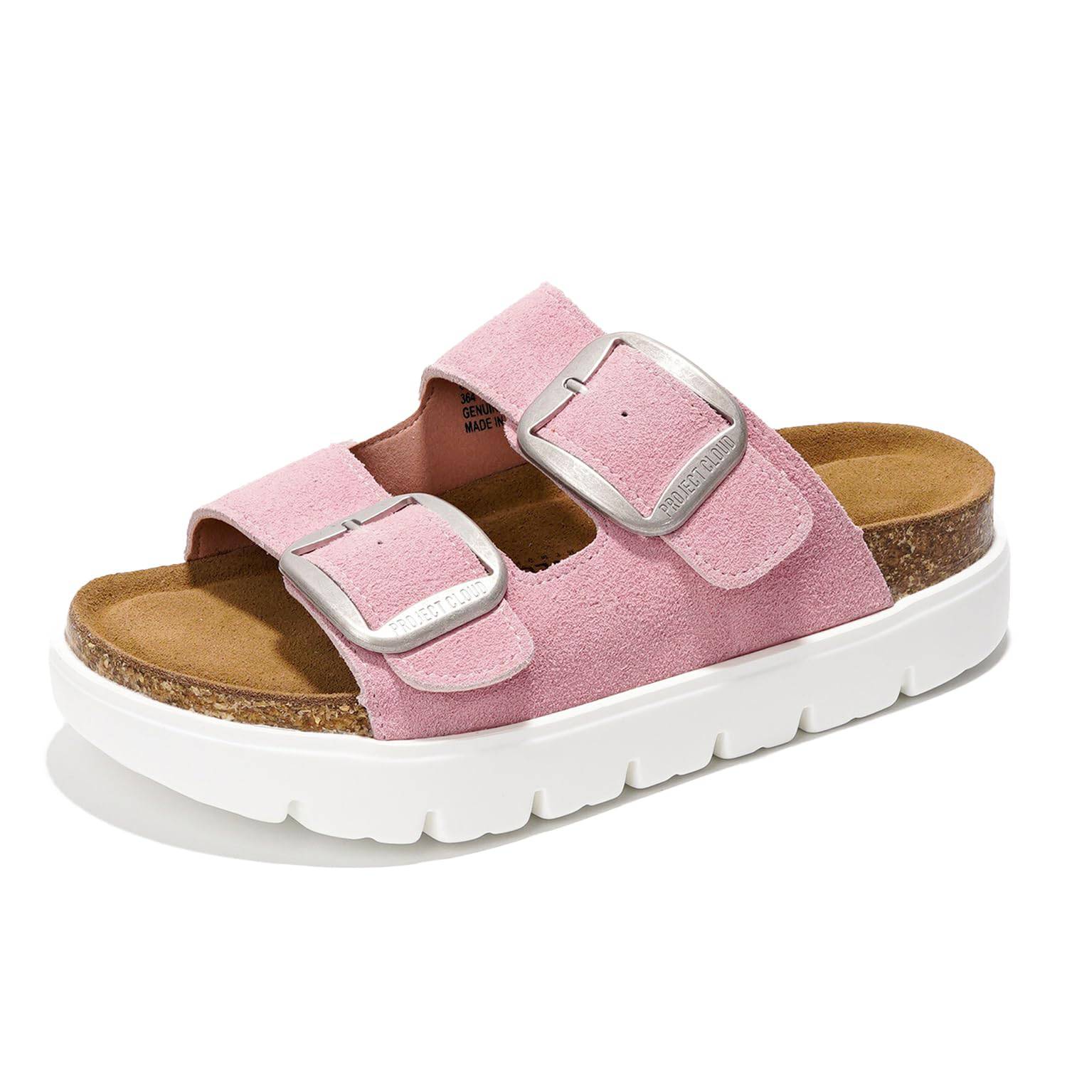 Project Cloud Greece Chunky Platform Sandals in pink suede with silver buckles and cork footbed.