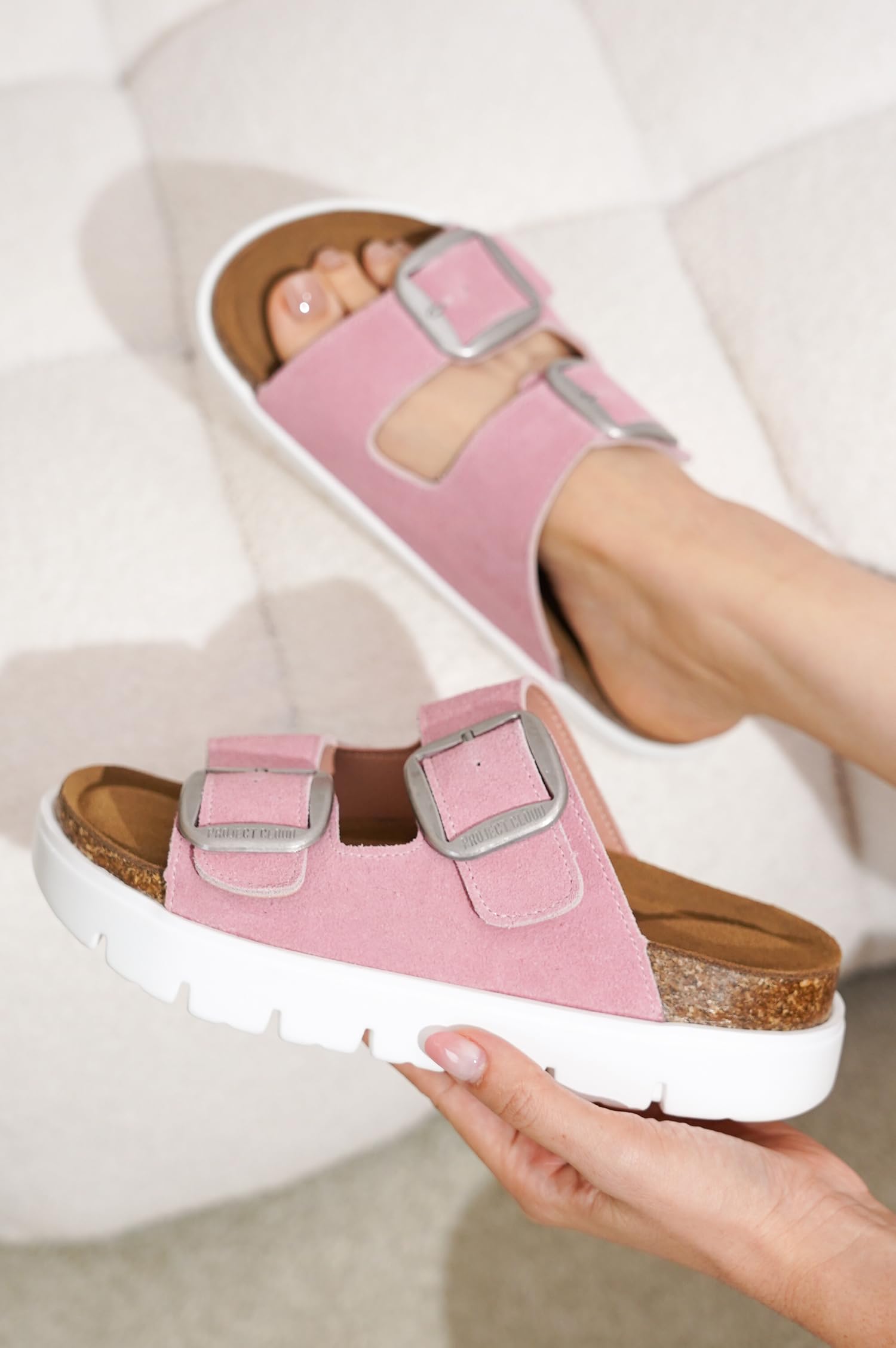 Project Cloud pink suede platform sandals with cork footbed and silver buckles, comfortable women's footwear