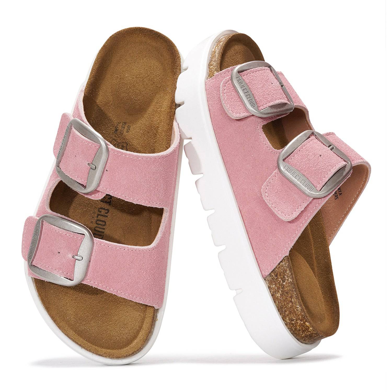 Project Cloud Greece Chunky Platform Sandals, pink suede upper with silver buckles, cork footbed and white platform sole.