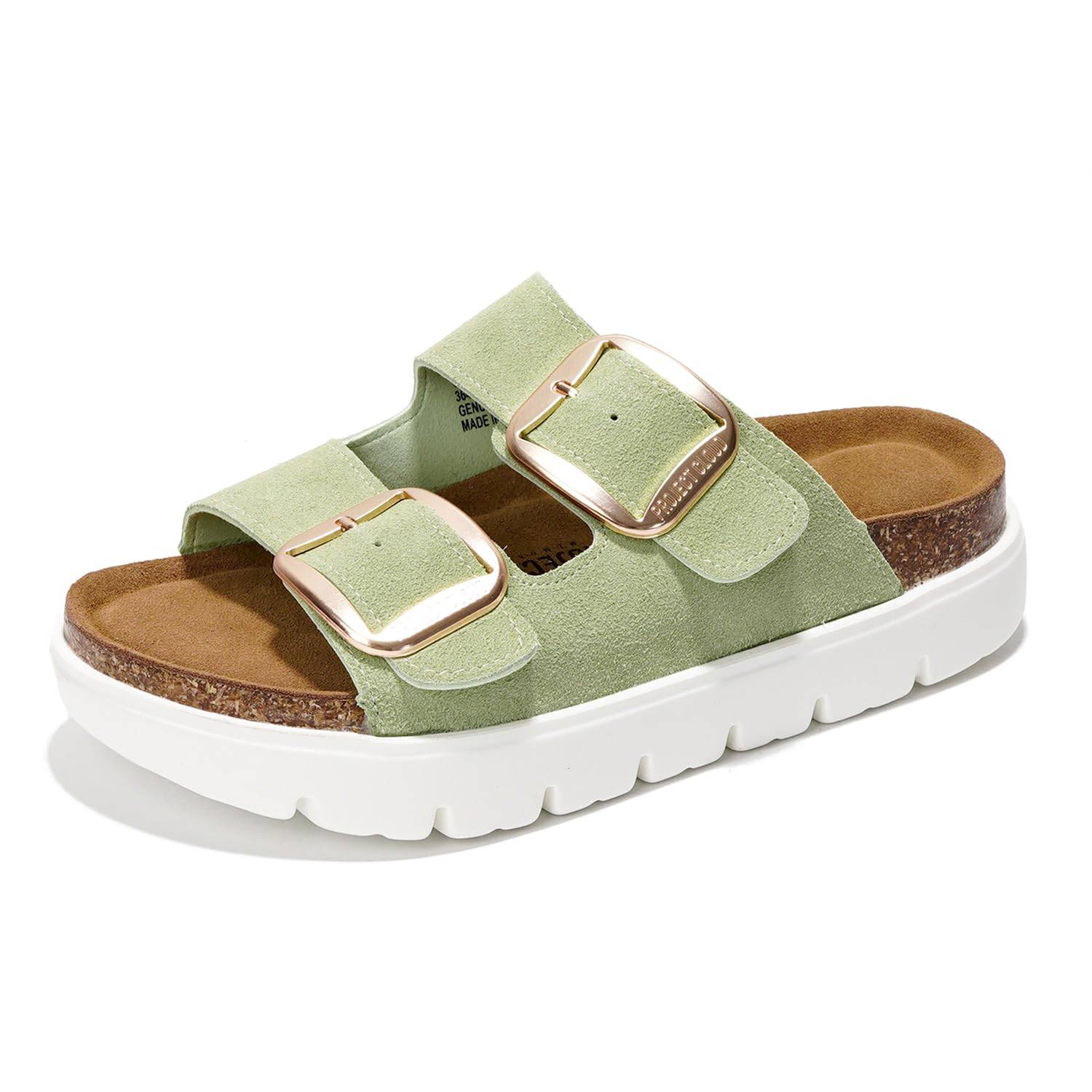 Project Cloud Greece Chunky Platform Sandals in light green suede with gold buckles
