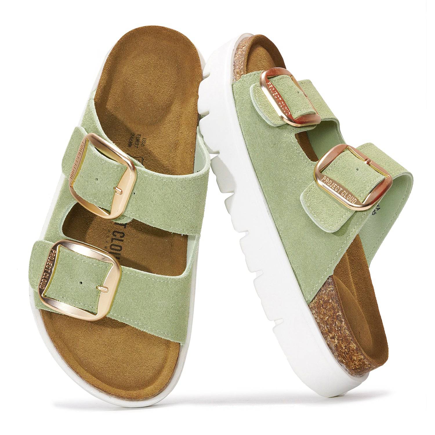 Project Cloud platform sandals women, featuring light green suede upper, gold buckle, cork footbed, and white platform sole.
