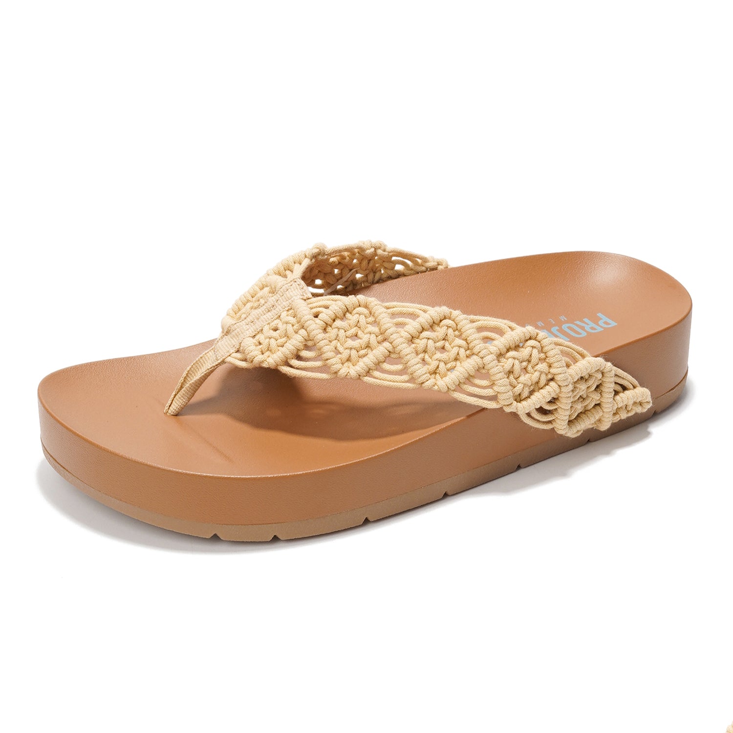 Project Cloud "Hammock" women's sandals. Beige crochet upper, memory foam insole, and brown sole.