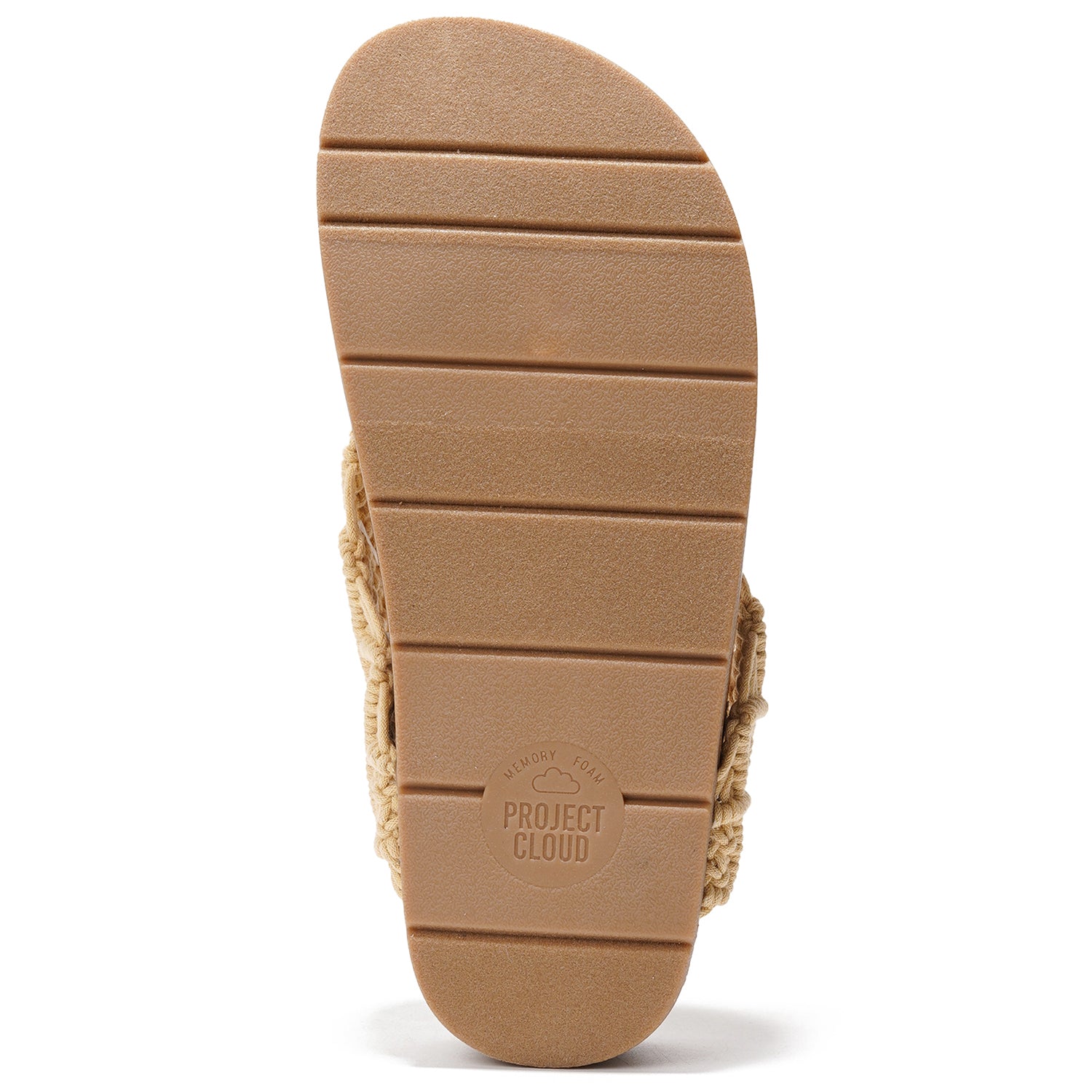 Project Cloud "Hammock" sandal sole detail. Beige crochet upper, memory foam insole, anti-slip and stylish design