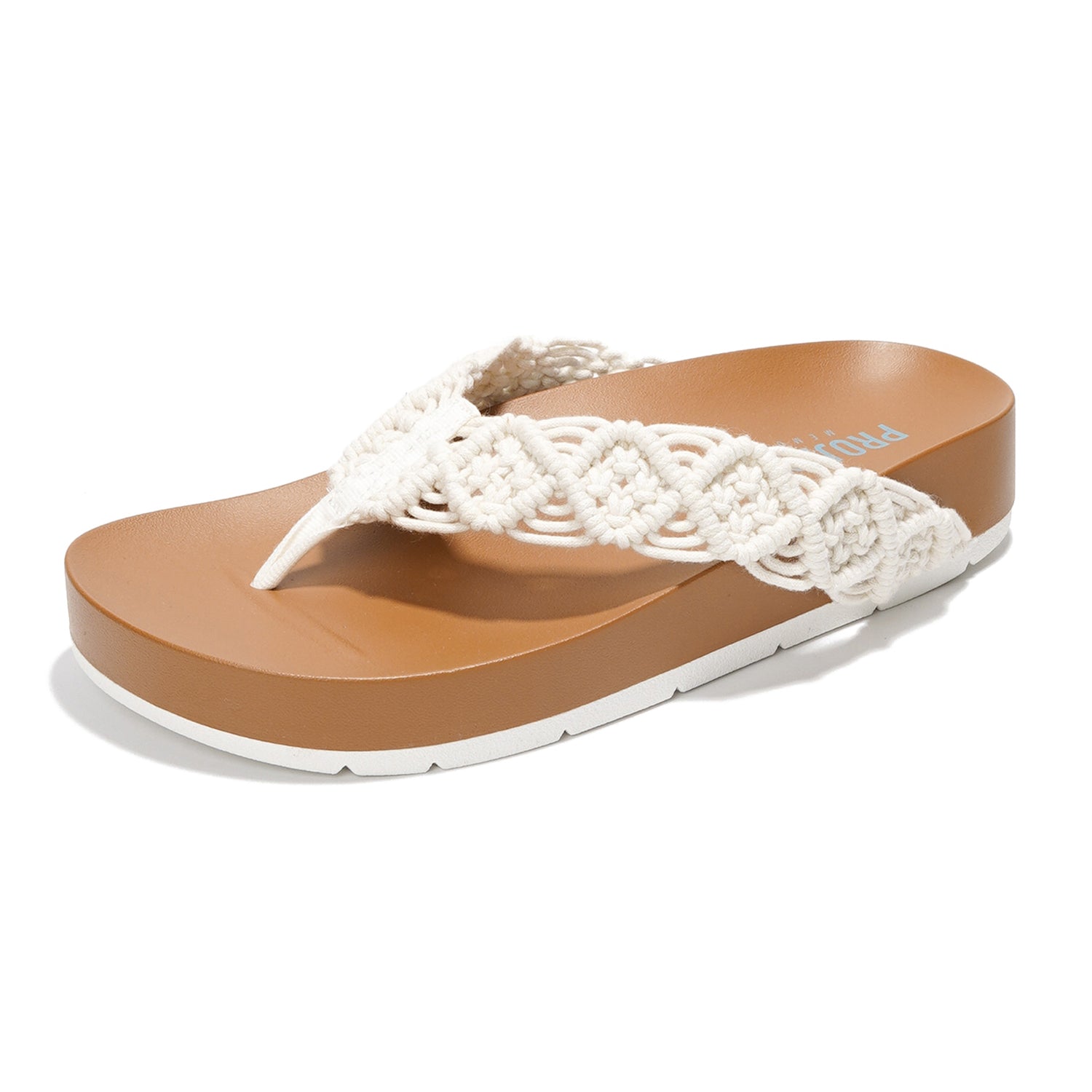 Project Cloud Hammock sandal. Off-white crochet, memory foam, brown sole, stylish women's footwear.