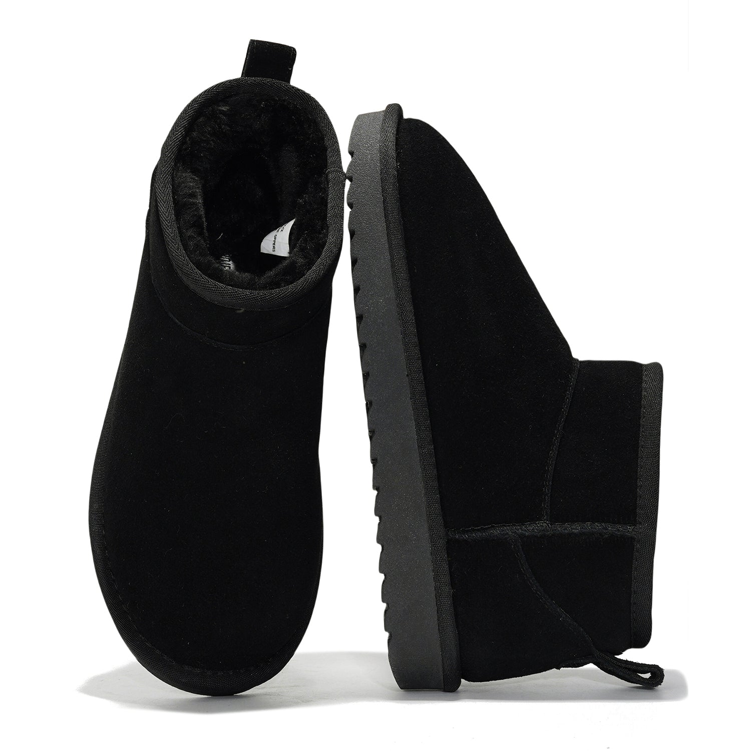 Black suede ankle boots for women, featuring faux fur lining and water-resistant design. Perfect winter boots.