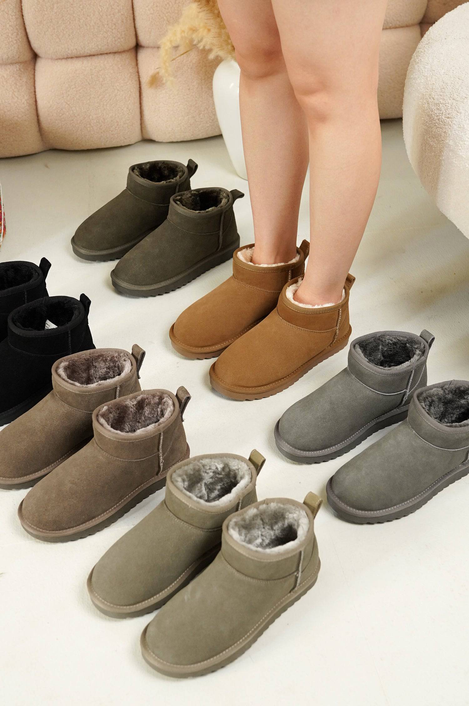 Hippy suede ankle boots for women. Water-resistant, faux fur lining, memory foam insole, winter-ready.