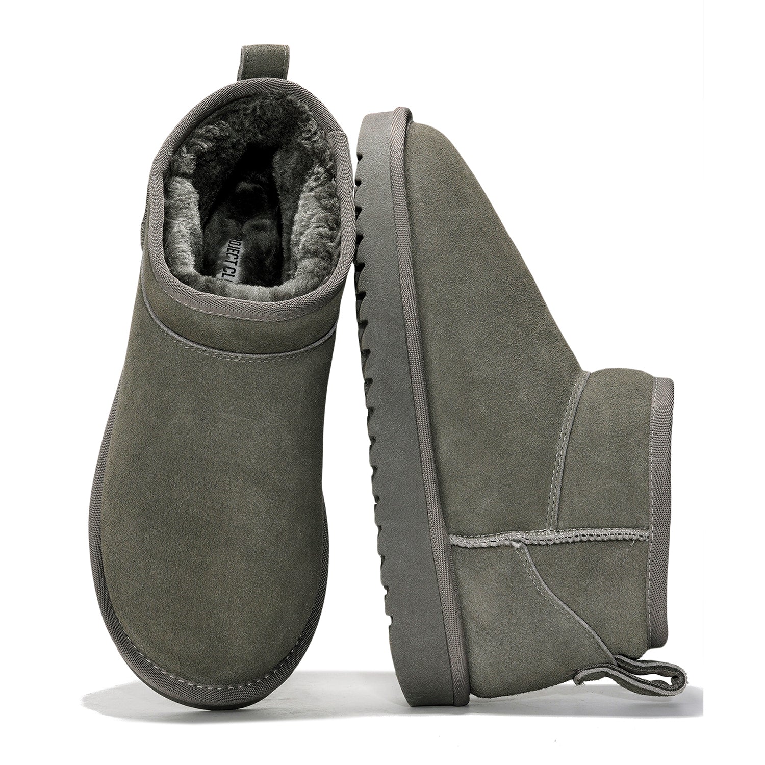 Hippy ankle boots for women in gray suede with faux fur lining, water-resistant design.