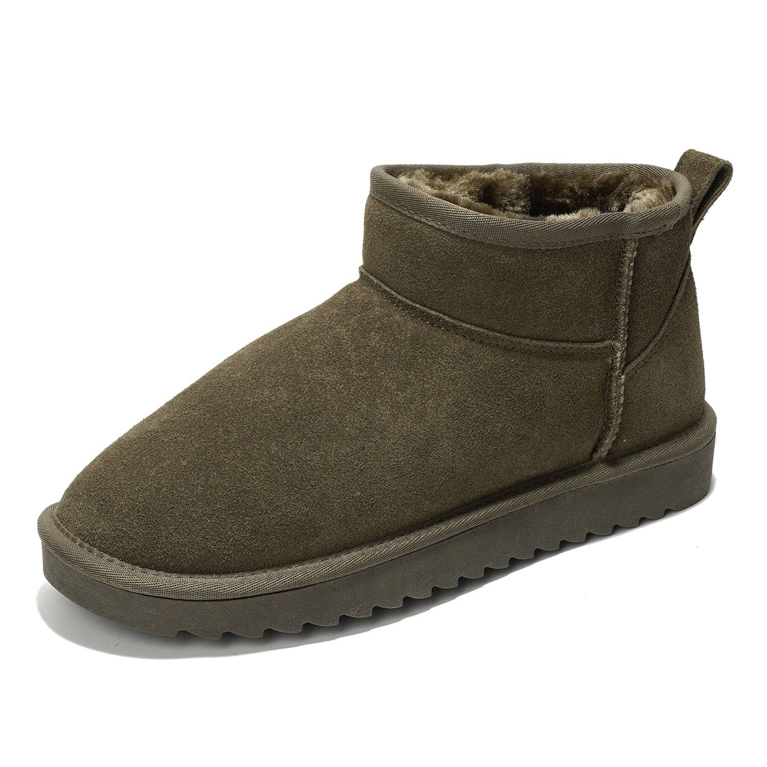 Olive green suede Hippy ankle boots for women, featuring faux fur lining and water-resistant design.