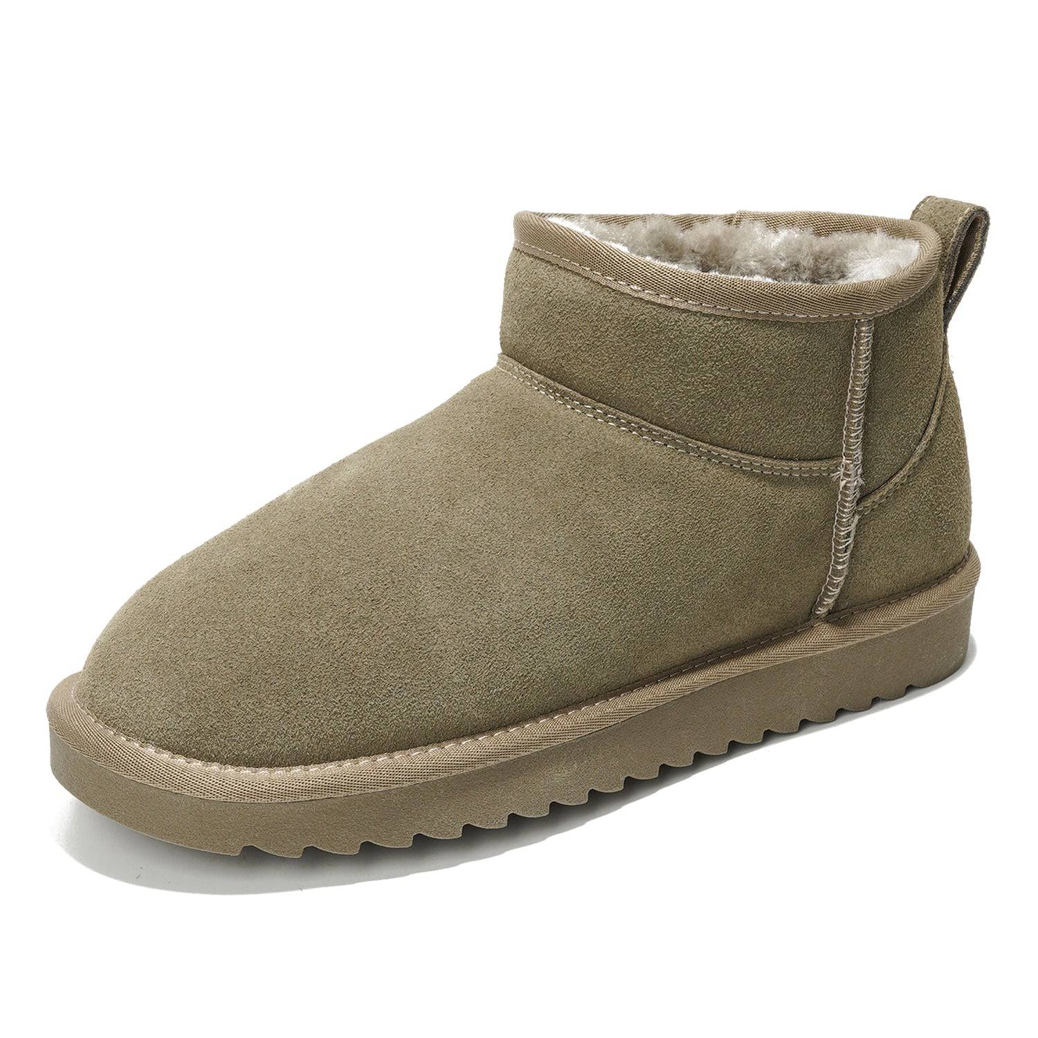 Taupe suede Hippy ankle boot for women, faux fur lining, water-resistant winter design.
