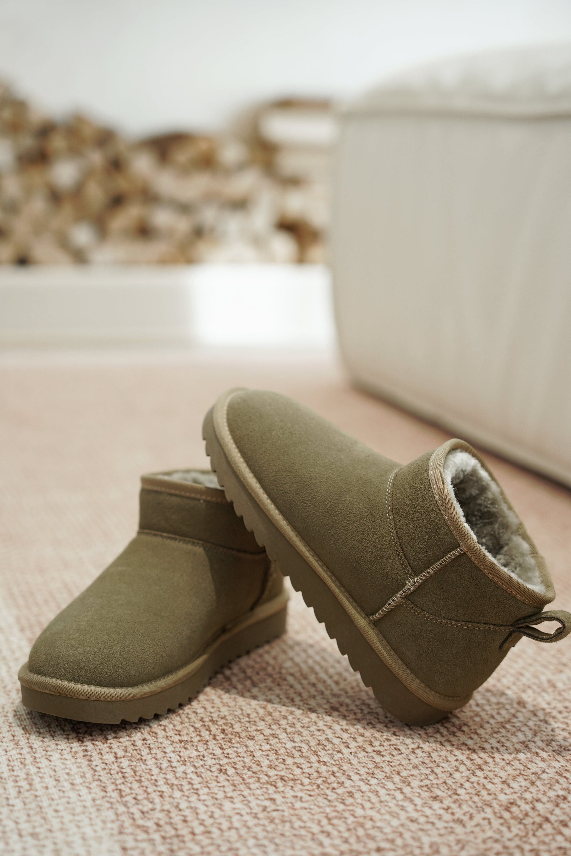 Olive suede Hippy ankle boots, water-resistant, faux fur lining, winter boots.