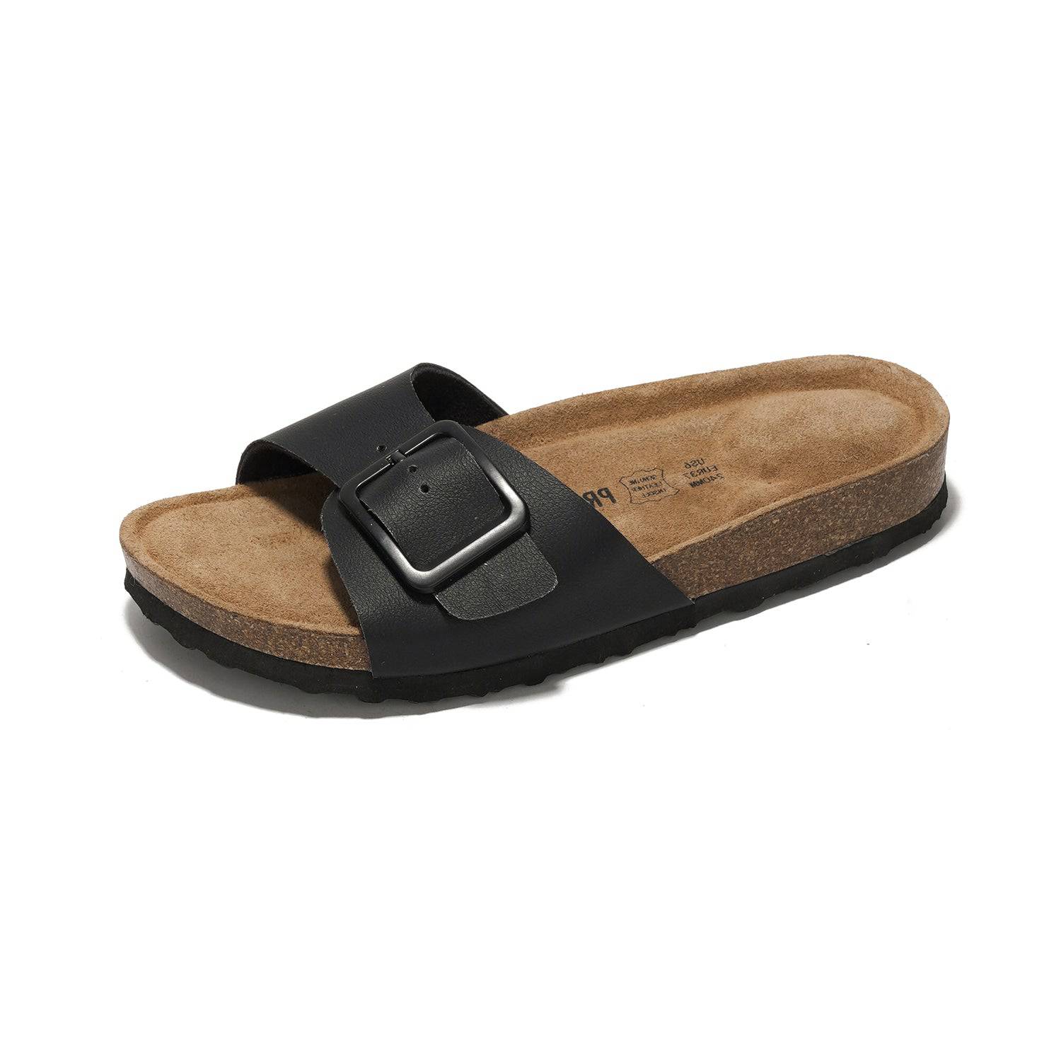 Project Cloud Ibiza Black Leather Sandals with Buckle Detail, Cork Footbed