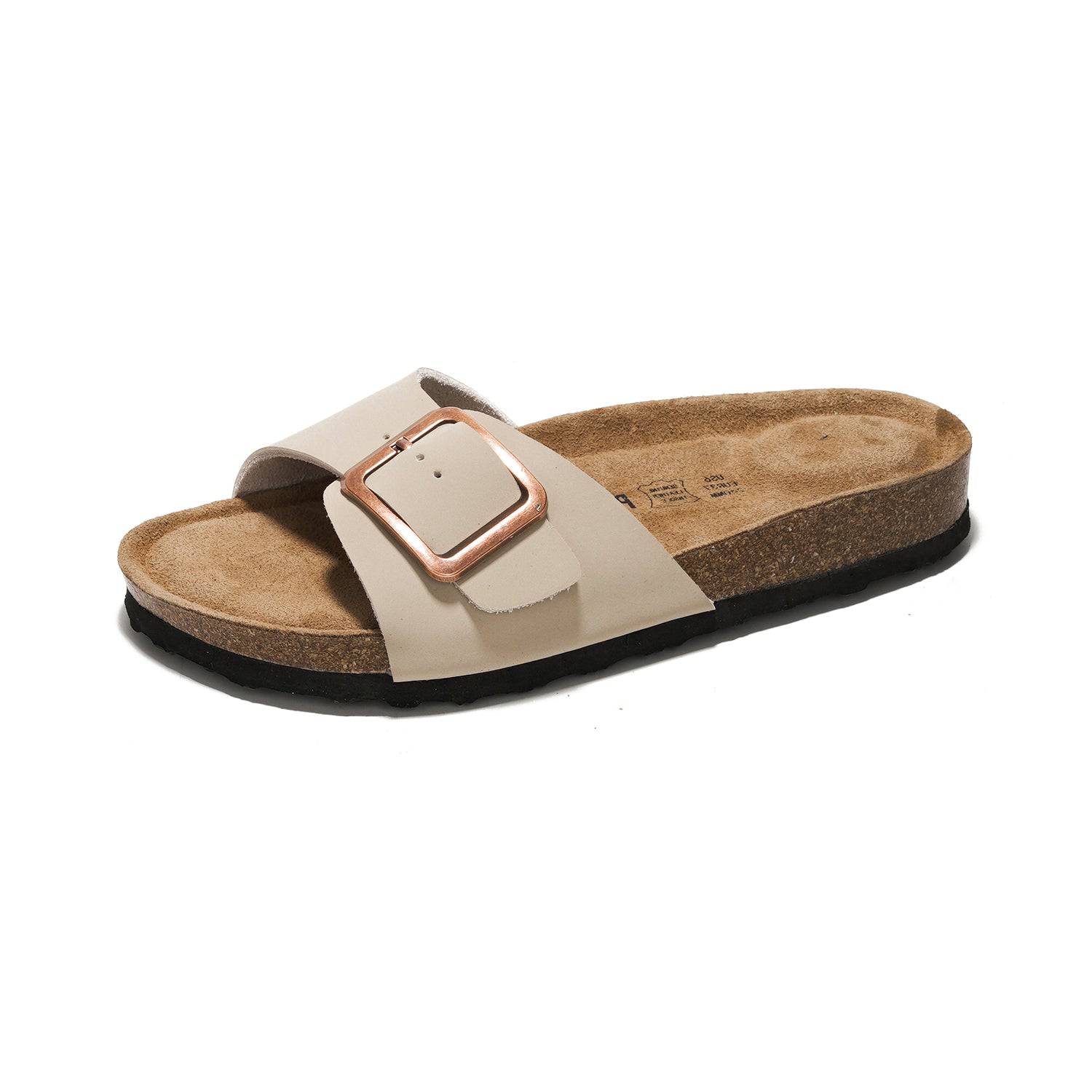 Project Cloud Ibiza Leather Sandals in beige with buckle detail, natural cork footbed, perfect for summer beach wear.