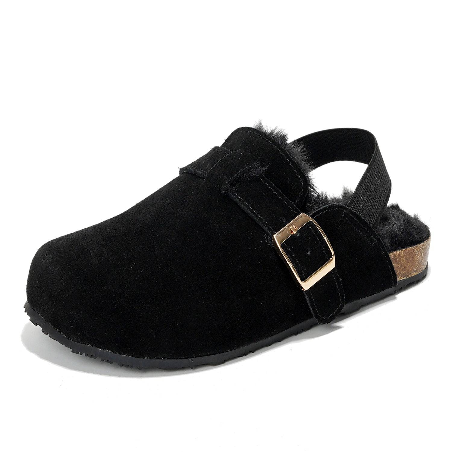 Project Cloud Mini Clogs for Kids in Black Suede with Buckle, Memory Foam, and Back Strap - Stylish and Comfy Kids Mules